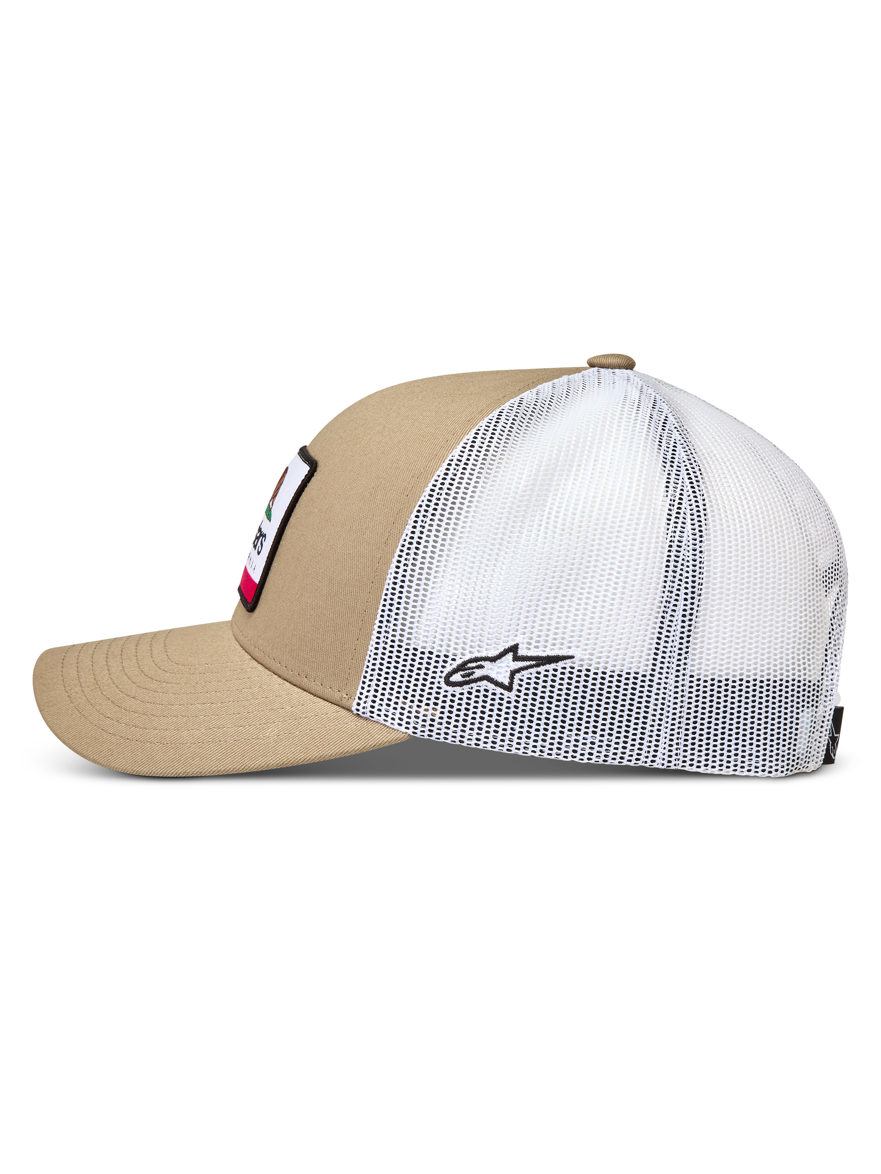 Alpinestars Cali 2.0 kasket, trucker cap til motorsport, sand og hvid, med buet skygge, twill-front og mesh-bagside, casual sportswear