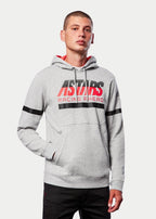 Alpinestars Club Hoodie, afslappet streetwear, gråmeleret med rødt jersey-for i hætten, ASTARS RACING AHEAD-grafik, sorte vandrette striber på bryst og ærmer, motorsportsinspireret fleece-pullover