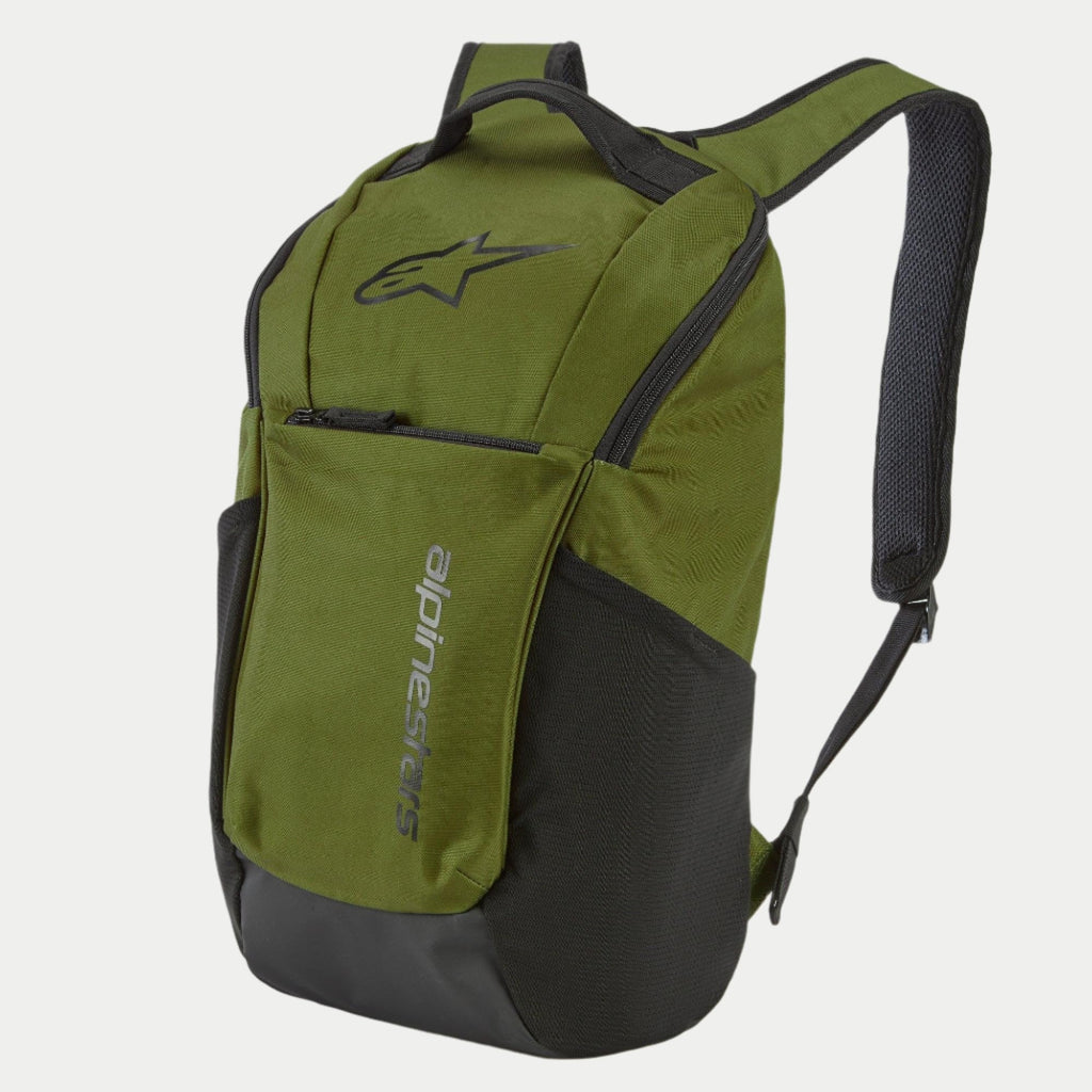 Alpinestars Defcon V2 Backpack, Military Green, compact daily backpack with black logo branding, featuring contrast panels, front zipper pocket, side mesh pockets, and airmesh shoulder straps