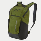 Alpinestars Defcon V2 Backpack, Military Green, compact daily backpack with black logo branding, featuring contrast panels, front zipper pocket, side mesh pockets, and airmesh shoulder straps