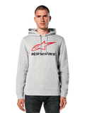 Alpinestars Always V3 Hoodie, Light Grey Heather with Red and Black Star Logo, worn by a model, casual streetwear, drawstring hood, front pouch pocket, motorsport heritage design