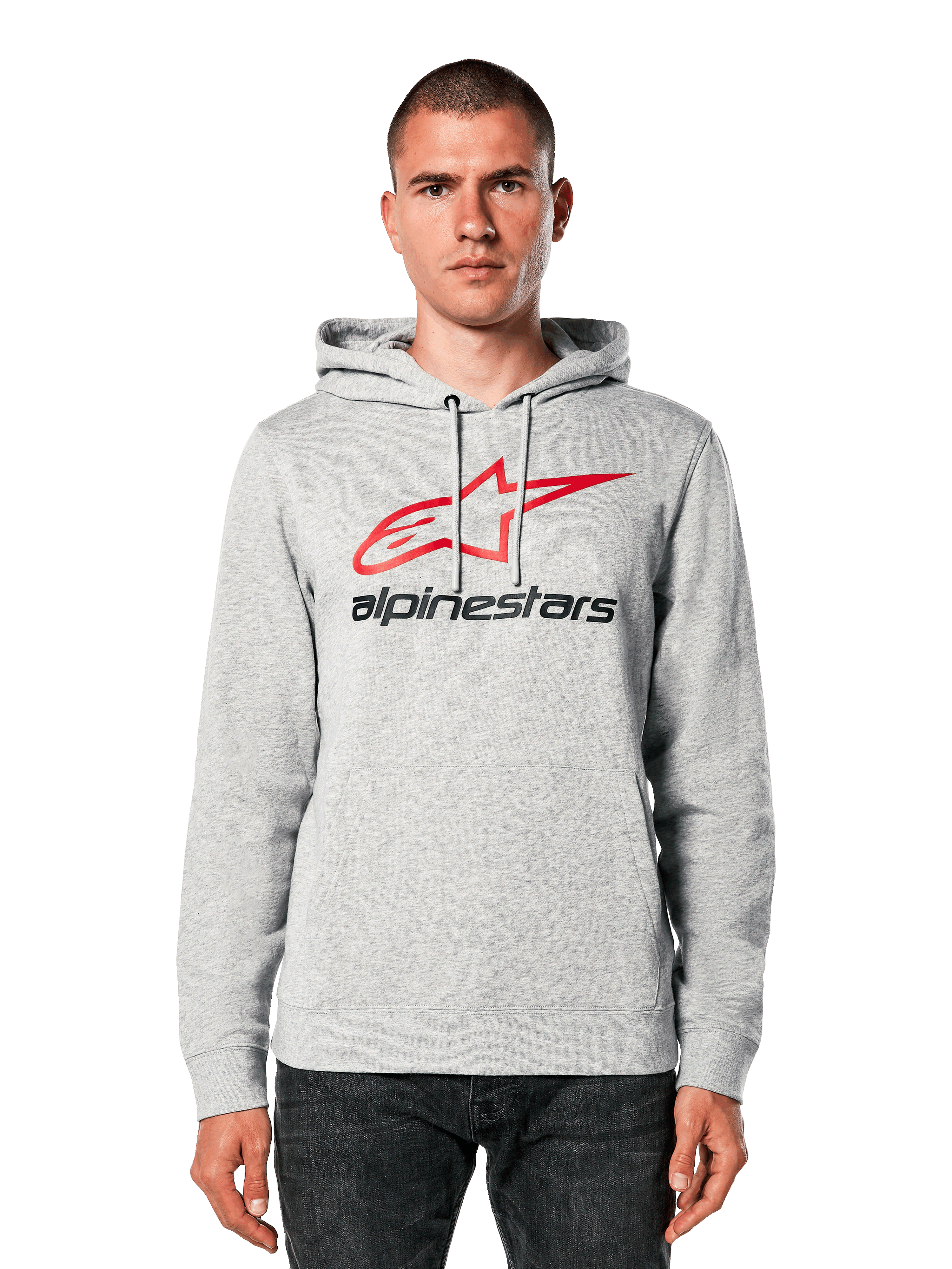 Alpinestars Always V3 Hoodie, Light Grey Heather with Red and Black Star Logo, worn by a model, casual streetwear, drawstring hood, front pouch pocket, motorsport heritage design