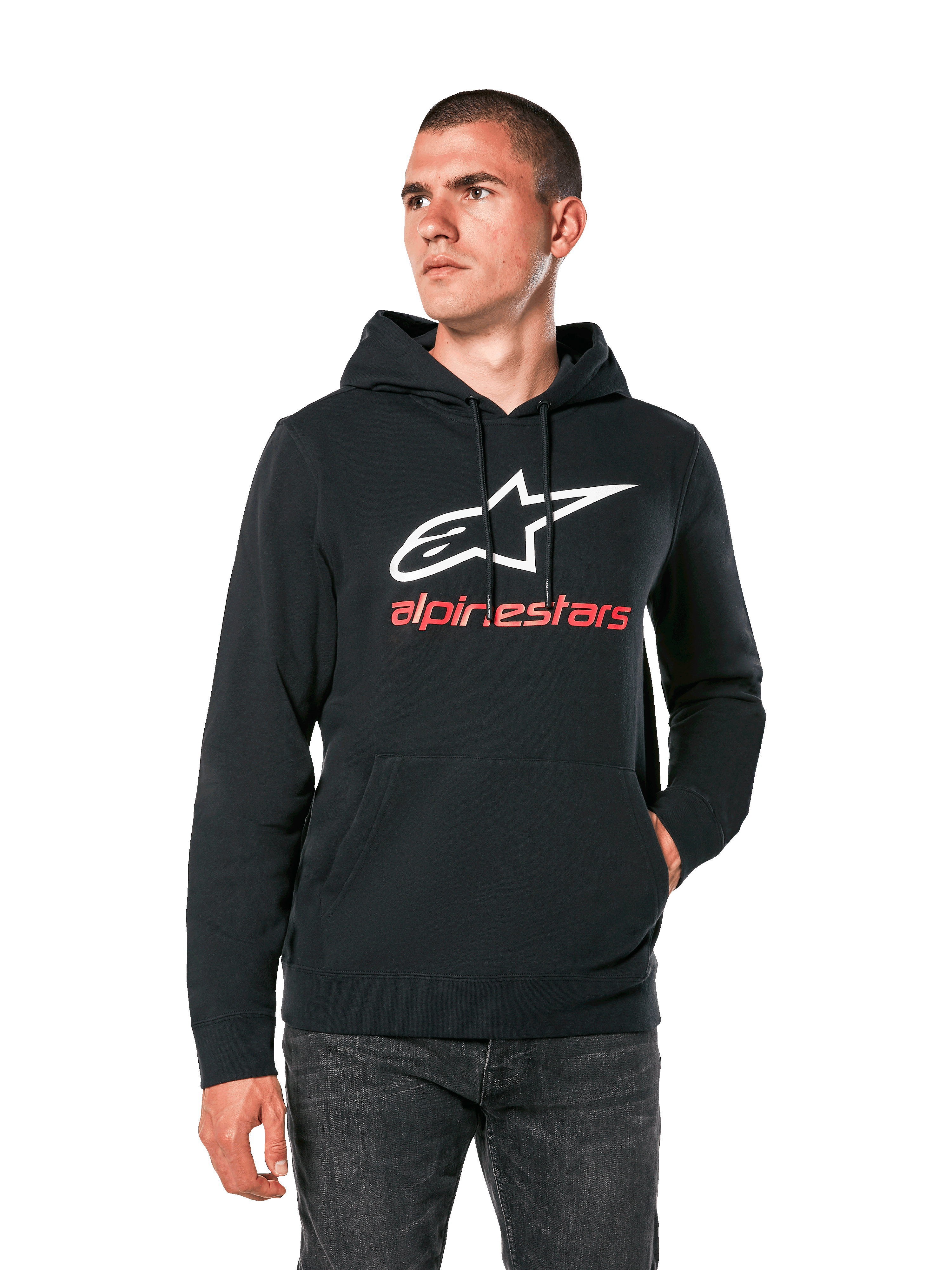 Alpinestars Always V3 Hoodie, Black casual hoodie with white star logo and red alpinestars text, pullover design with front kangaroo pocket, lifestyle motorsport streetwear