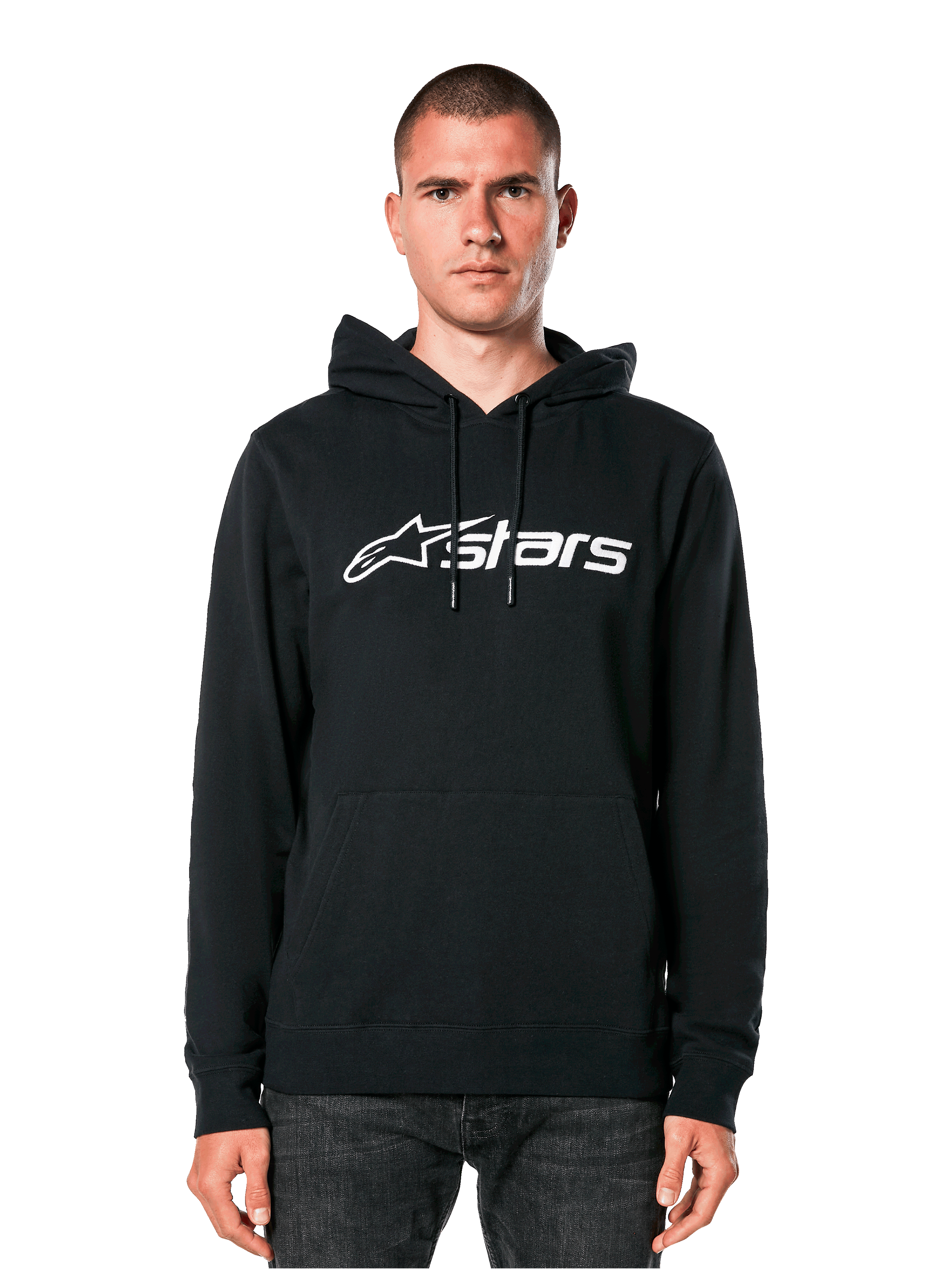 Alpinestars Blaze V3 Hoodie, black with white logo, casual streetwear, featuring front kangaroo pocket and drawstring hood, worn by a man, modern motorsport-inspired design