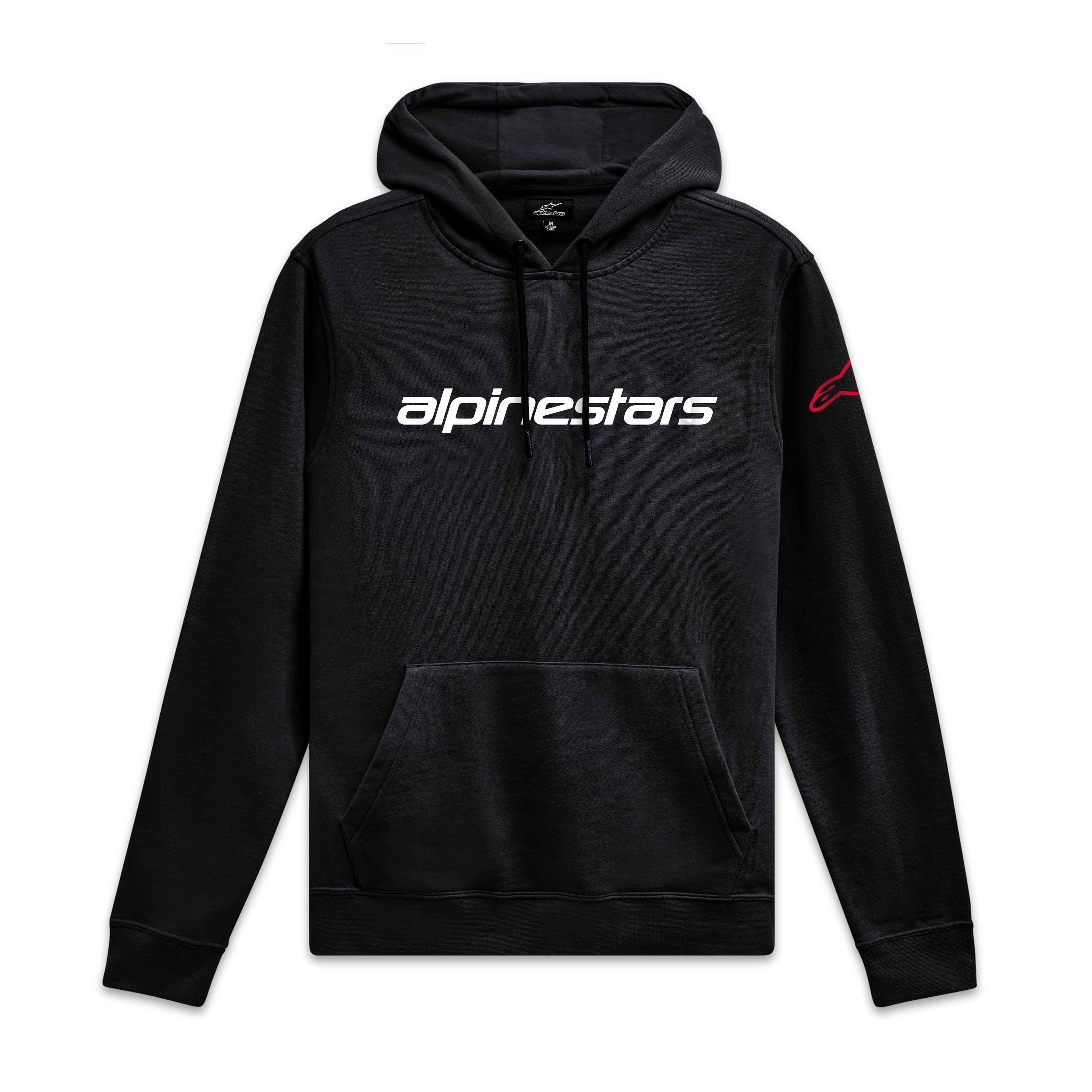 Alpinestars Linear Wordmark V3 Hættetrøje, sort pullover sportstøj hættetrøje med hvidt brystlogo og rødt ærmelogo