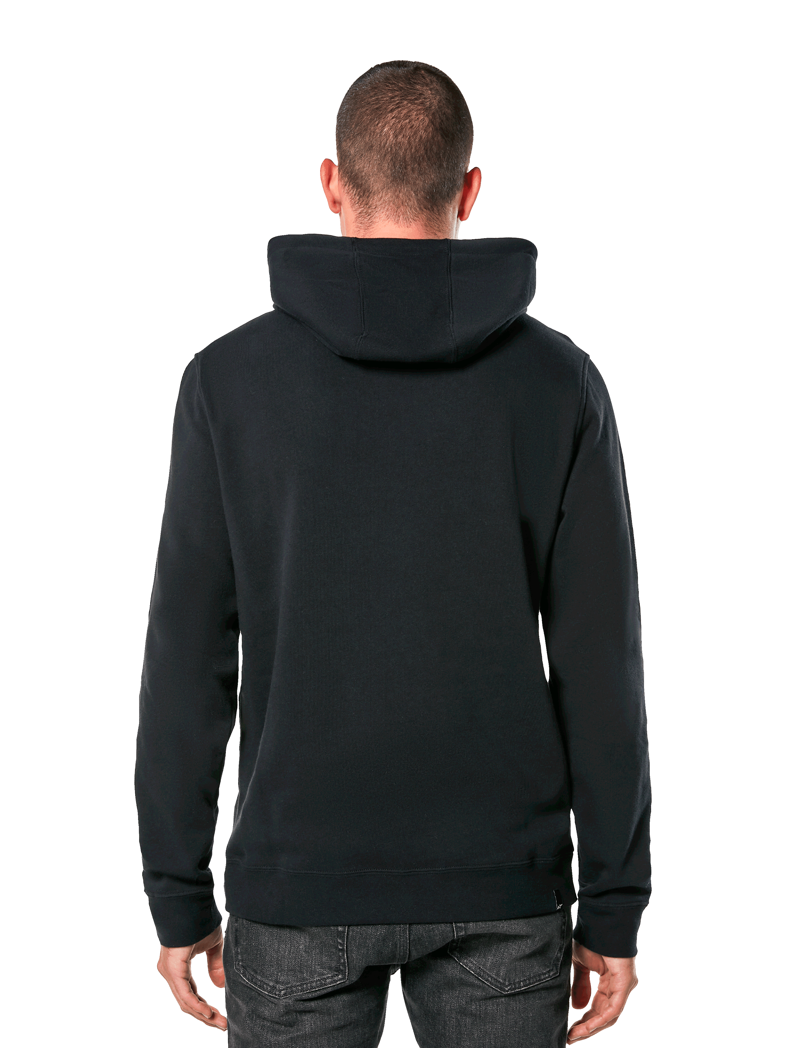 Alpinestars Ride 4.0 Hoodie, back view, casual black streetwear, solid hooded pullover fleece with rib cuffs and hem, worn with dark jeans, modern motorsport-inspired design