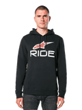 Alpinestars Ride 4.0 Hoodie, Black with Red and White Star Logo and RIDE text, pullover fleece with drawstring hood and front pocket, casual motorsport-inspired apparel