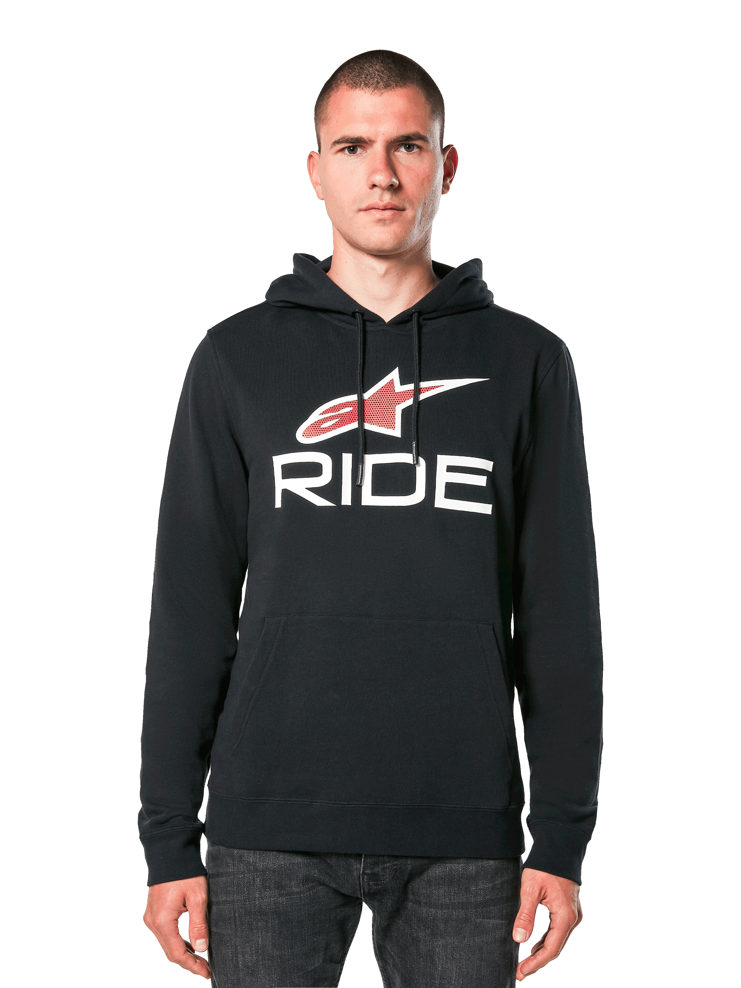 Alpinestars Ride 4.0 hættetrøje, sort med rødt og hvidt stjerne-logo og RIDE-tekst, fleece-pullover med hætte med snøre og frontlomme, casual motorsport-inspireret beklædning