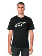 Alpinestars Ageless 2.0 CSF Tee, Black Short Sleeve T-Shirt, White Alpinestars Star Logo, Worn by Model with Dark Jeans, Casual Motorsport Streetwear