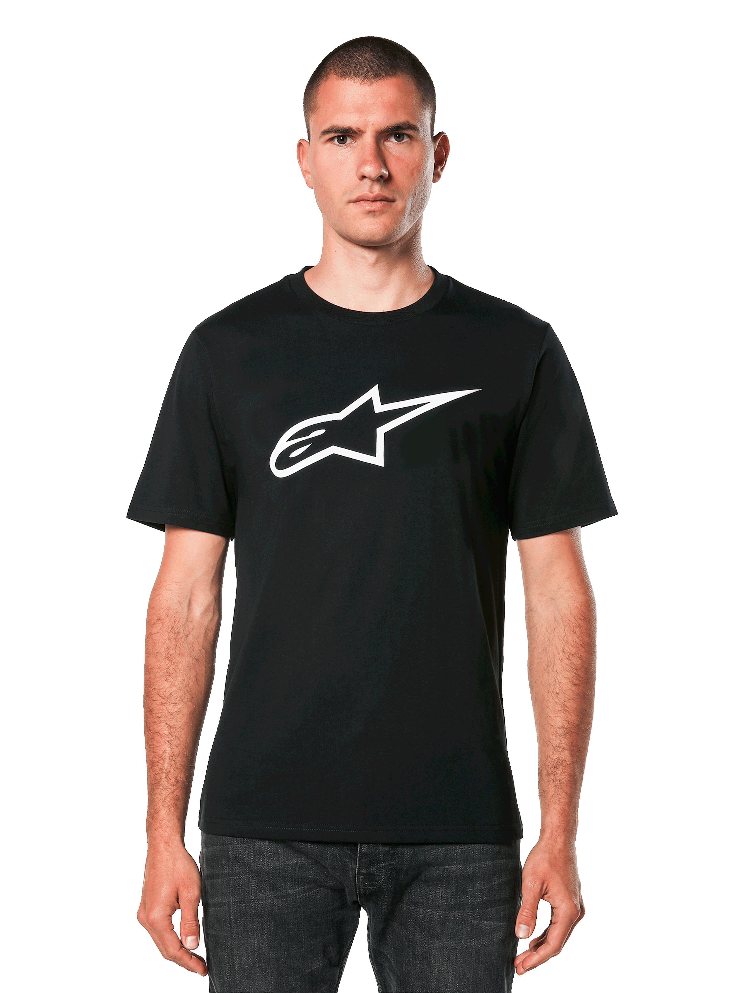 Alpinestars Ageless 2.0 CSF Tee, Black Short Sleeve T-Shirt, White Alpinestars Star Logo, Worn by Model with Dark Jeans, Casual Motorsport Streetwear