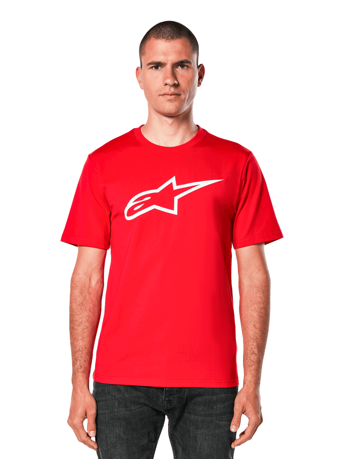 Alpinestars Ageless 2.0 CSF Tee, Red short-sleeve T-shirt with white star logo, casual motorsport apparel, crew neck, modeled front view