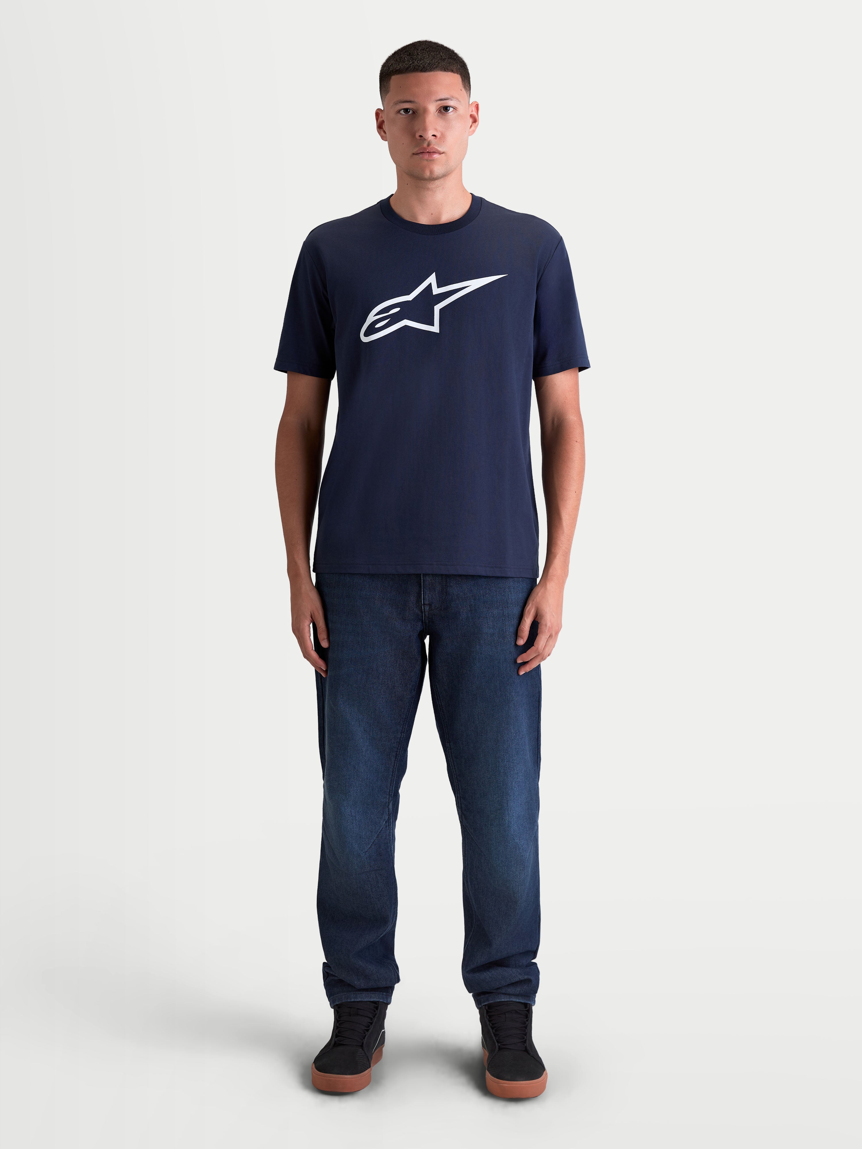 Alpinestars Ageless 2.0 CSF Tee, Casual Sportswear T-shirt, Unisex, Navy Blue and White, Combed Ring-Spun Cotton-Poly Blend, featuring a large front Ageless logo graphic on-model.