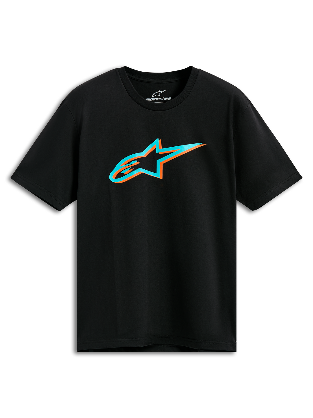 Alpinestars Ageless Shadow CSF Tee, kortærmet t-shirt, sort, turkis og orange Shadow Astars-logo, afslappet motorsport-streetwear