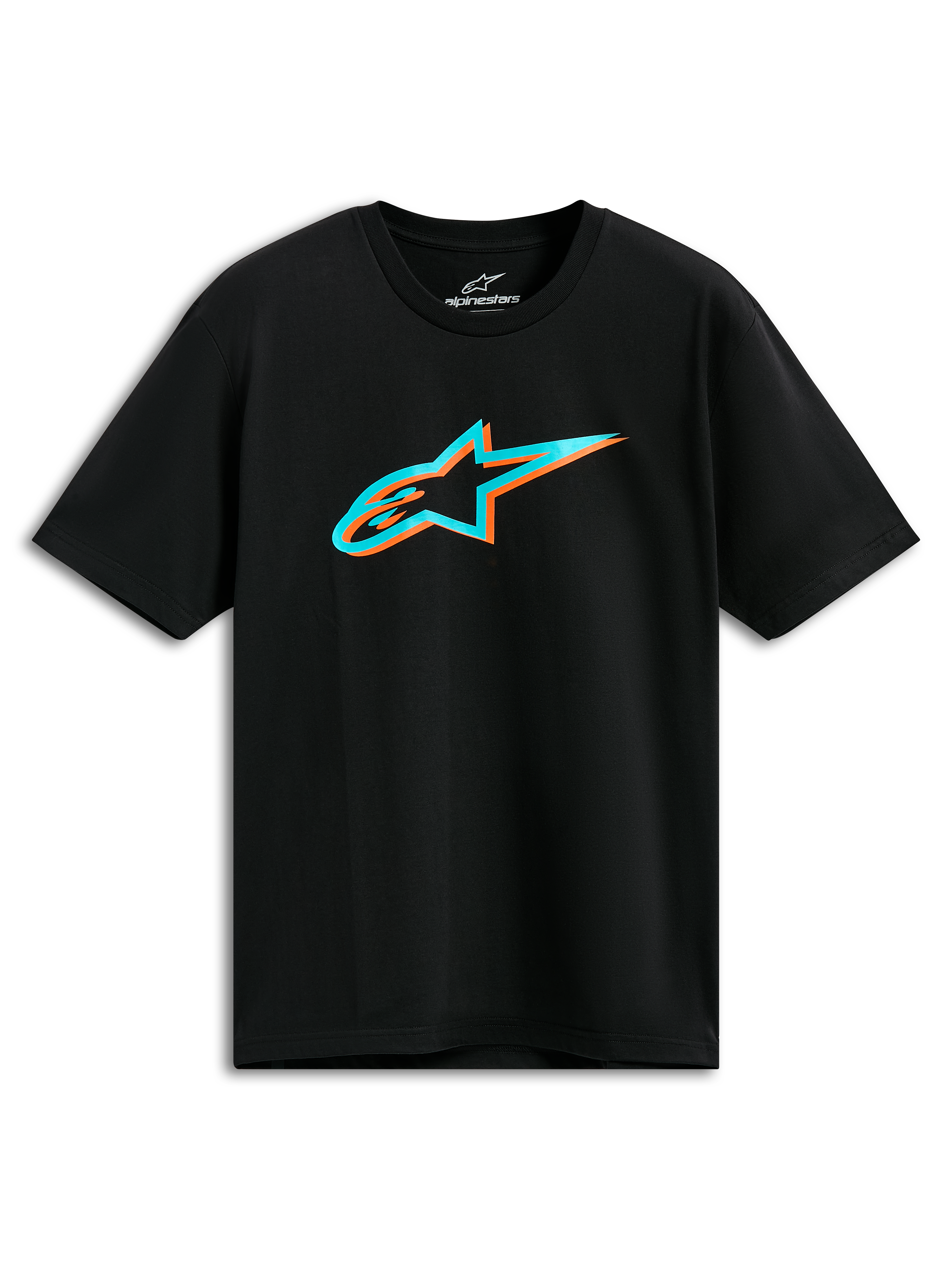 Alpinestars Ageless Shadow CSF Tee, kortærmet t-shirt, sort, turkis og orange Shadow Astars-logo, afslappet motorsport-streetwear