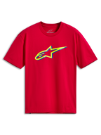 Alpinestars Ageless Shadow CSF Tee, kortærmet T-shirt, rød, med en gul og blå lagdelt Ageless logo-grafik på brystet, afslappet motorsport-streetwear