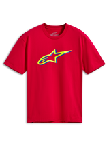 Alpinestars Ageless Shadow CSF Tee, kortærmet T-shirt, rød, med en gul og blå lagdelt Ageless logo-grafik på brystet, afslappet motorsport-streetwear