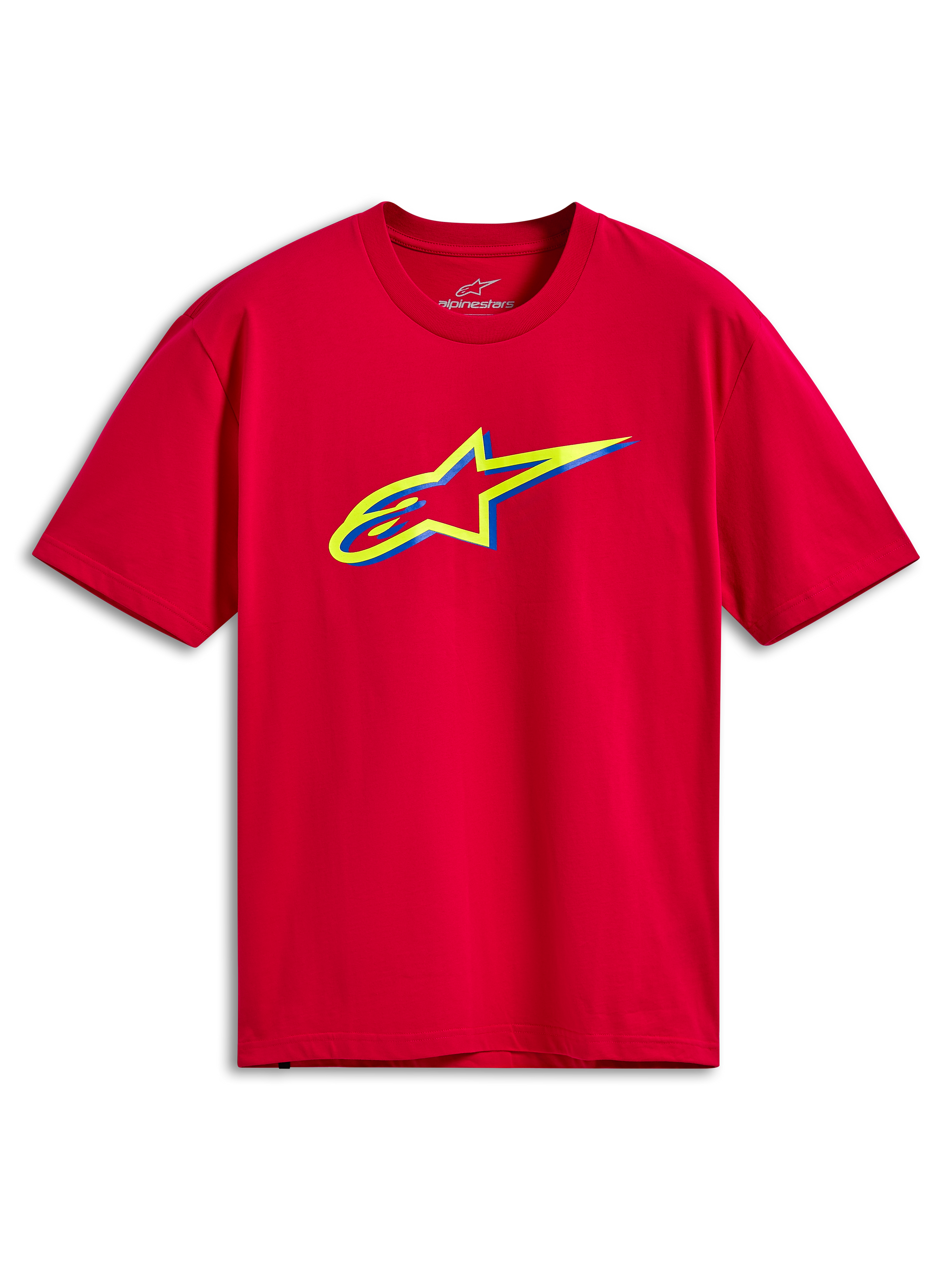 Alpinestars Ageless Shadow CSF Tee, kortærmet T-shirt, rød, med en gul og blå lagdelt Ageless logo-grafik på brystet, afslappet motorsport-streetwear
