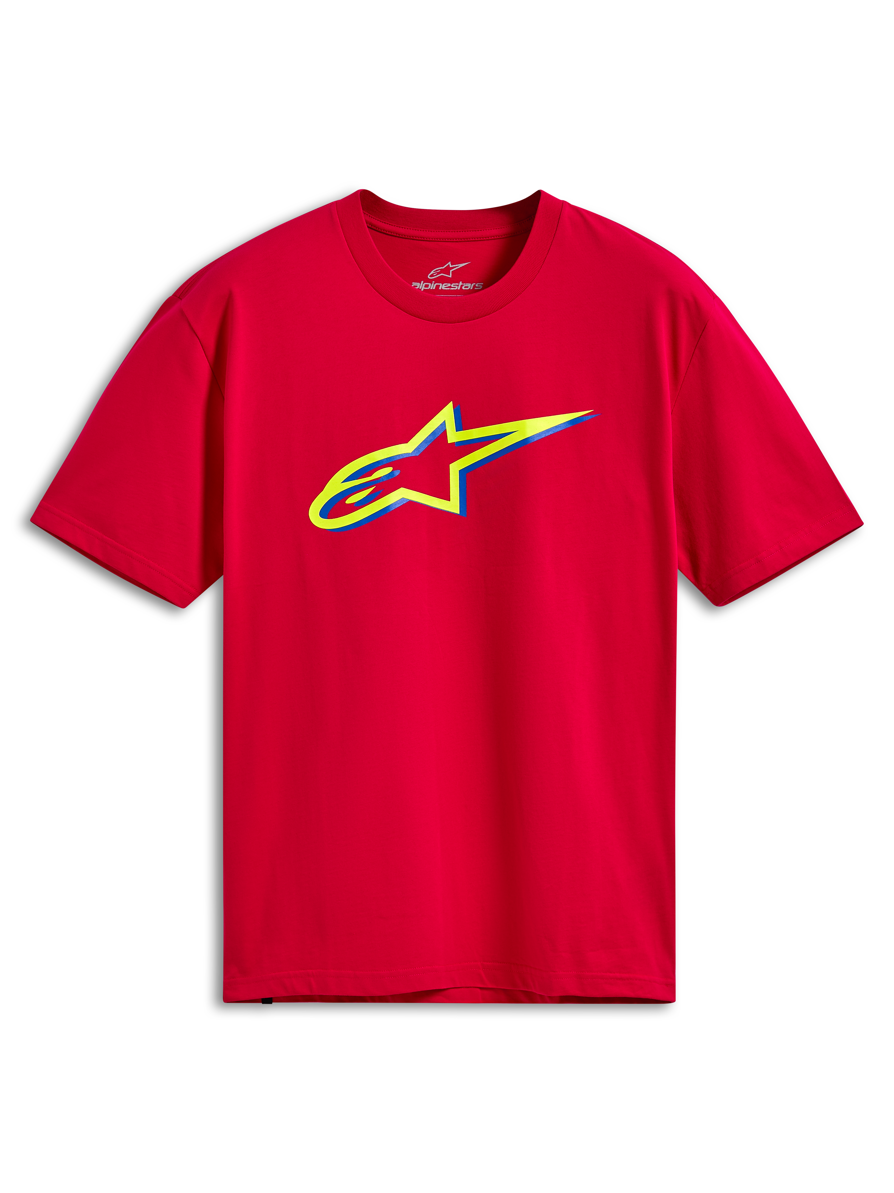 Alpinestars Ageless Shadow CSF Tee, kortærmet T-shirt, rød, med en gul og blå lagdelt Ageless logo-grafik på brystet, afslappet motorsport-streetwear