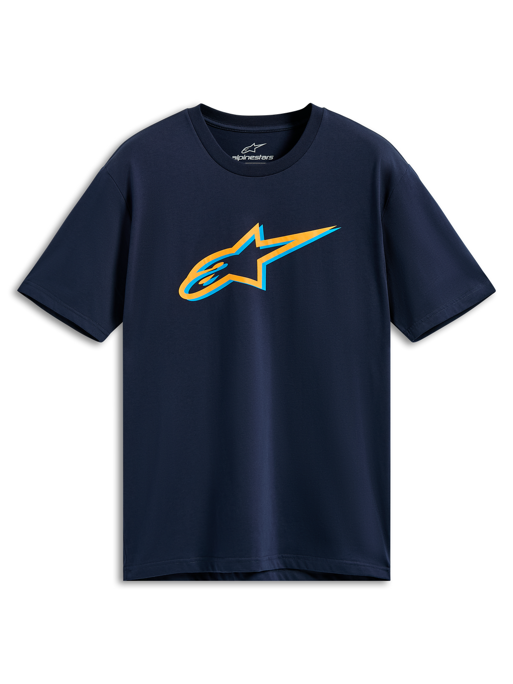 Alpinestars Ageless Shadow CSF Tee, kortærmet t-shirt, navyblå, orange og lyseblåt Ageless Shadow-logo på brystet, afslappet sportstøj