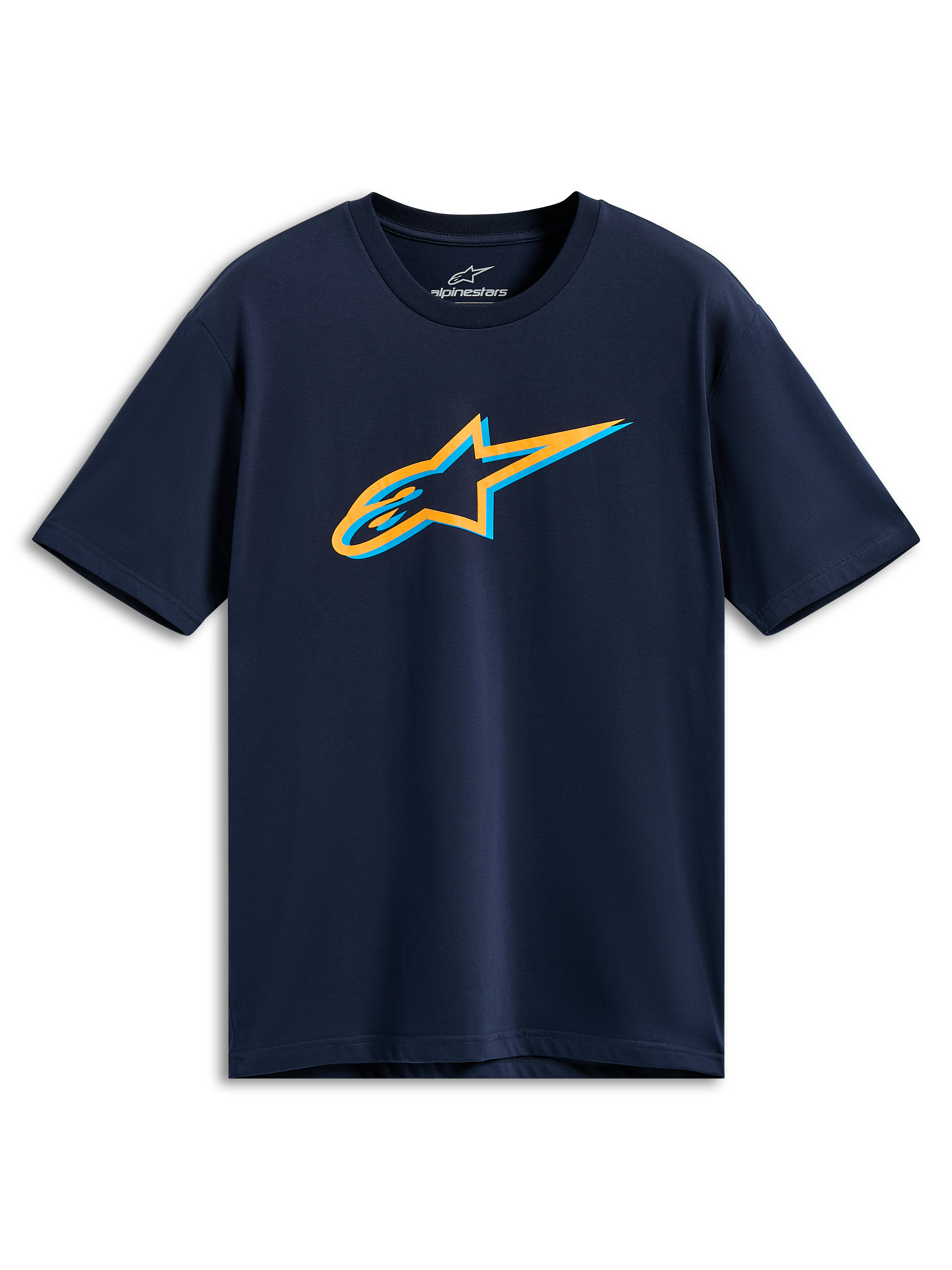 Alpinestars Ageless Shadow CSF Tee, kortærmet t-shirt, navyblå, orange og lyseblåt Ageless Shadow-logo på brystet, afslappet sportstøj