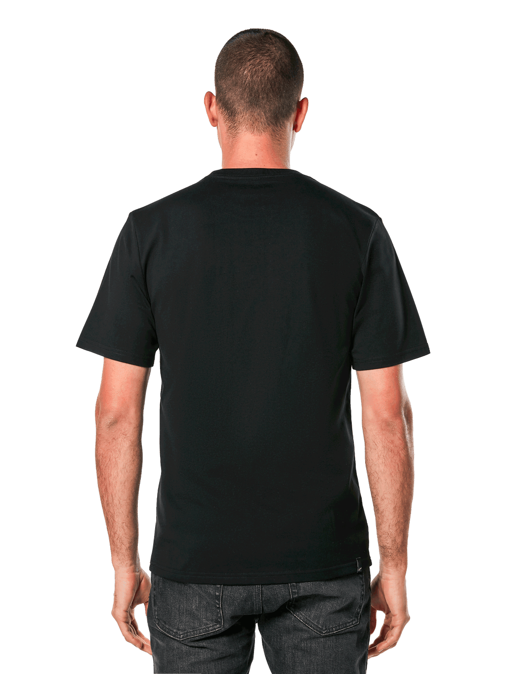 Alpinestars Always 2.0 CSF Tee, kortærmet T-shirt, sort, set bagfra med enkelt rygdesign, båret af model, casual motorsport streetwear
