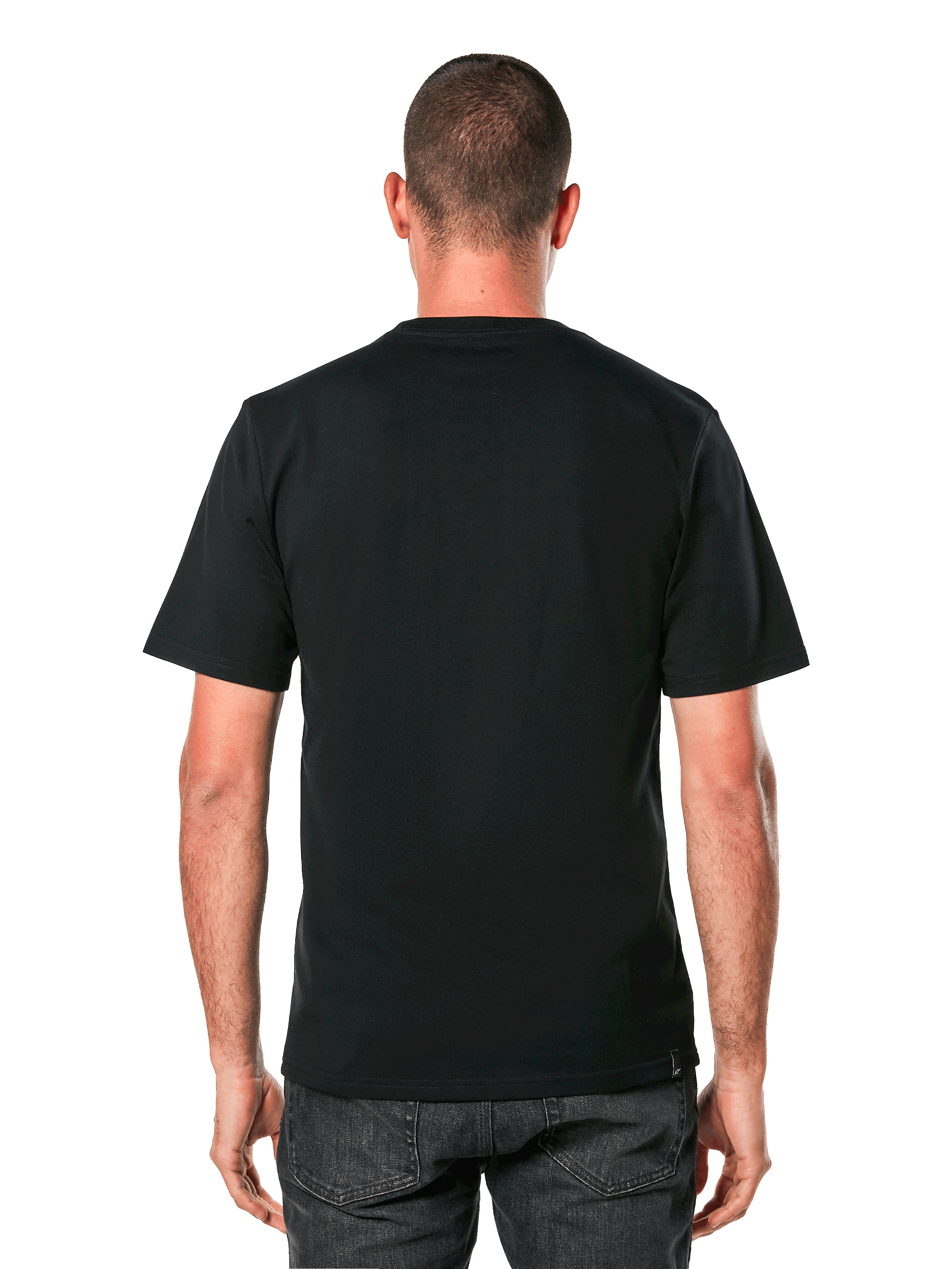Alpinestars Always 2.0 CSF Tee, kortærmet T-shirt, sort, set bagfra med enkelt rygdesign, båret af model, casual motorsport streetwear