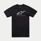 Alpinestars Always 2.0 CSF Tee, kortærmet t-shirt, sort, hvidt stjernelogo med rød Alpinestars-tekst, casual motorsport streetwear