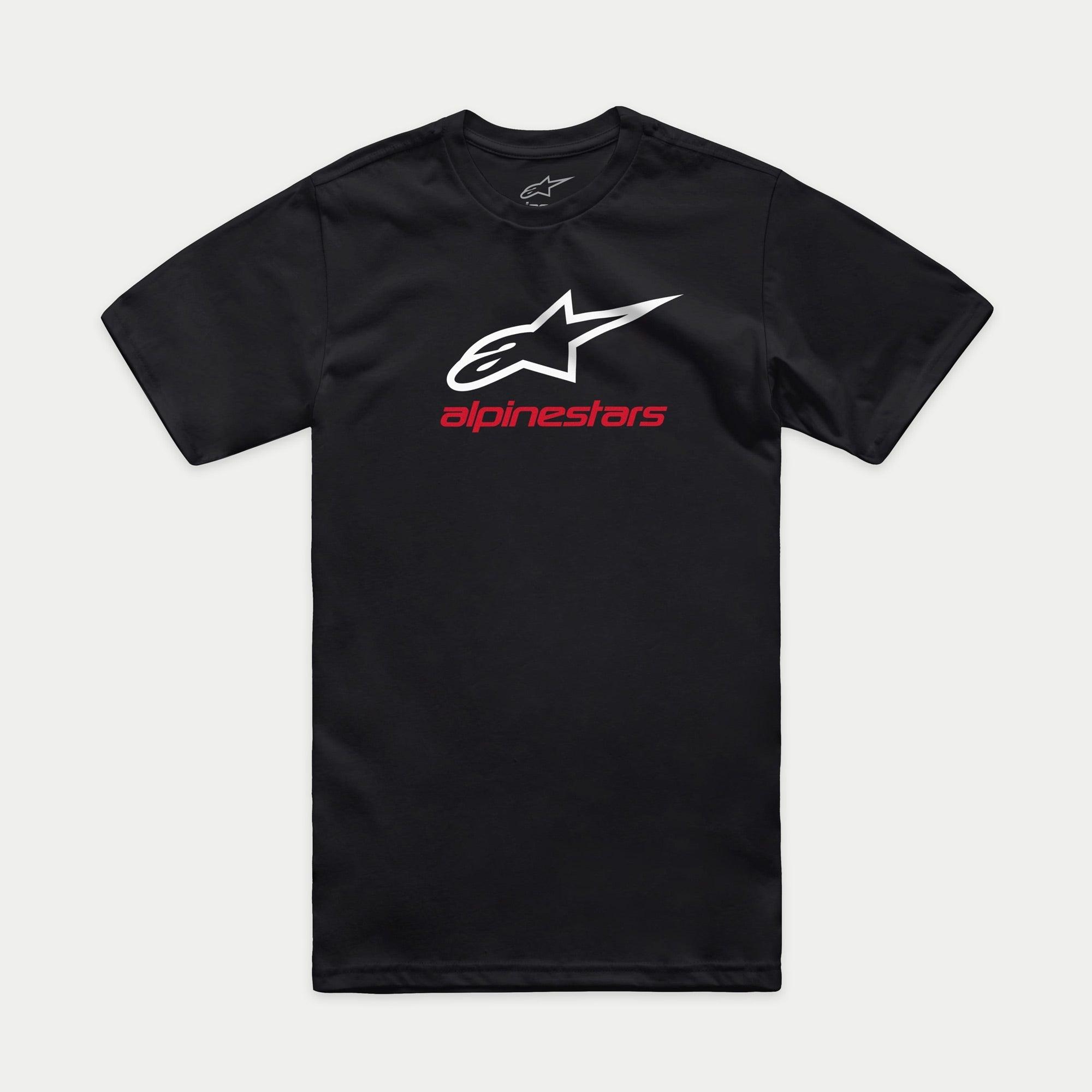 Alpinestars Always 2.0 CSF Tee, kortærmet t-shirt, sort, hvidt stjernelogo med rød Alpinestars-tekst, casual motorsport streetwear