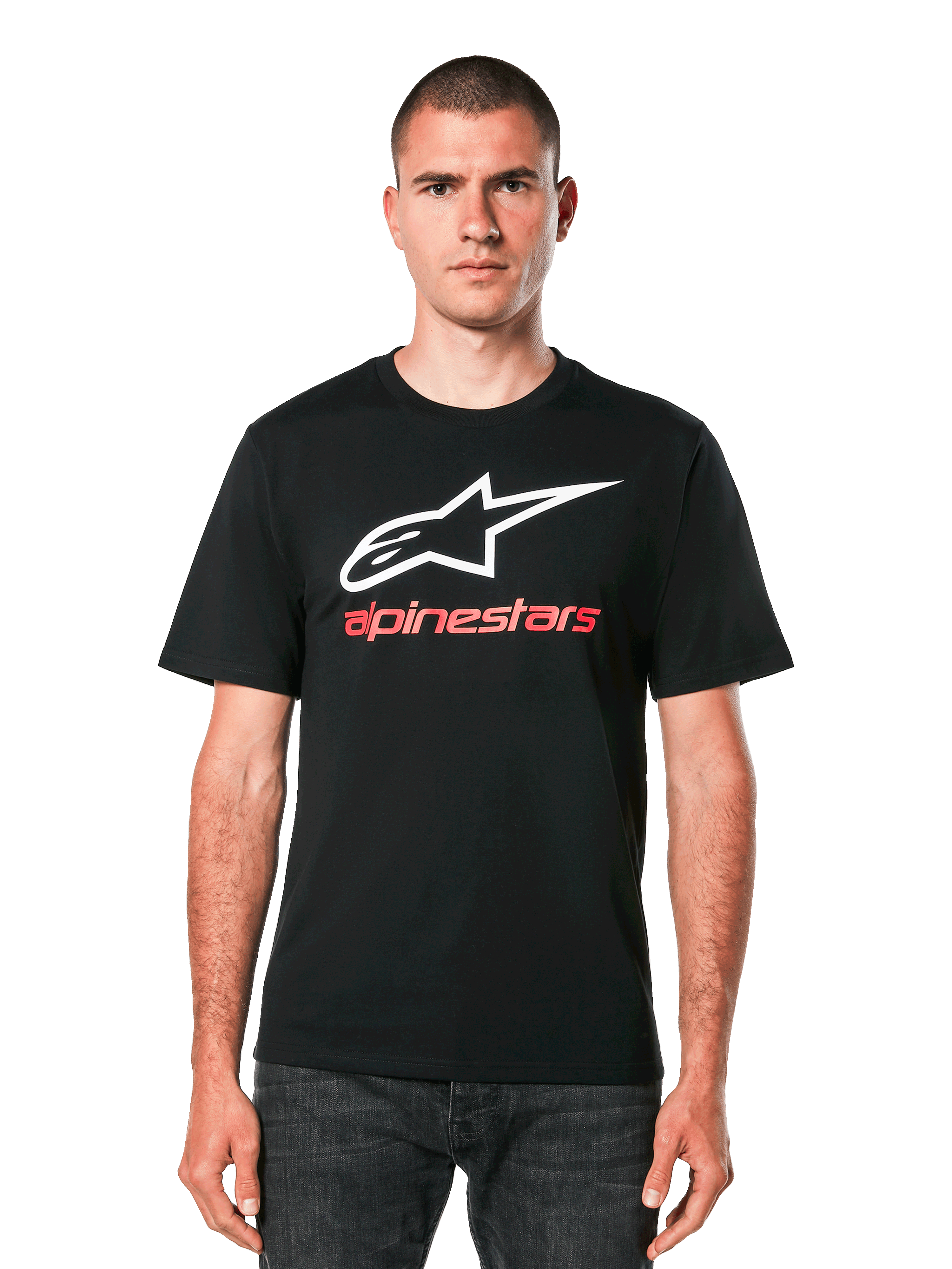 Alpinestars Always 2.0 CSF T-shirt, sort kortærmet T-shirt, hvidt stjerne-logo med rød Alpinestars-tekst, casual motorsport streetwear