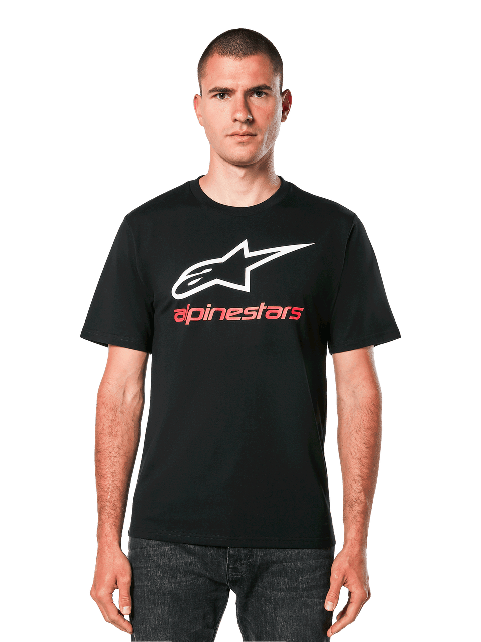 Alpinestars Always 2.0 CSF Tee, black short sleeve T-shirt with white star logo and red alpinestars text, casual motorsport apparel, unisex streetwear