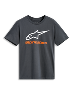 Alpinestars Always 2.0 CSF Tee, kortærmet t-shirt, charcoal, stort hvidt Alpinestars-logo med orange brandnavn, afslappet motorsport-streetwear