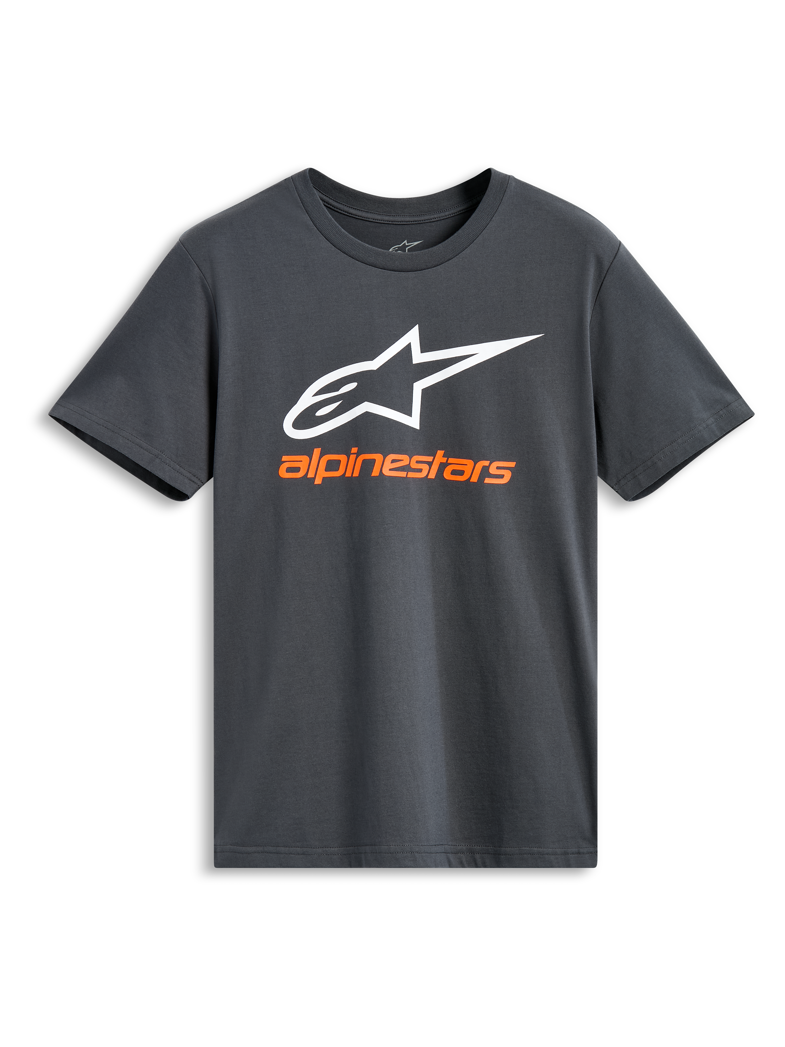 Alpinestars Always 2.0 CSF Tee, kortærmet t-shirt, charcoal, stort hvidt Alpinestars-logo med orange brandnavn, afslappet motorsport-streetwear
