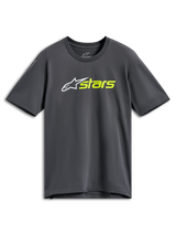 Alpinestars Blaze 2.0 CSF Tee, kortærmet T-shirt, koksgrå, hvidt stjernelogo med hi-vis gul 'stars'-tekst, afslappet motorsport streetwear