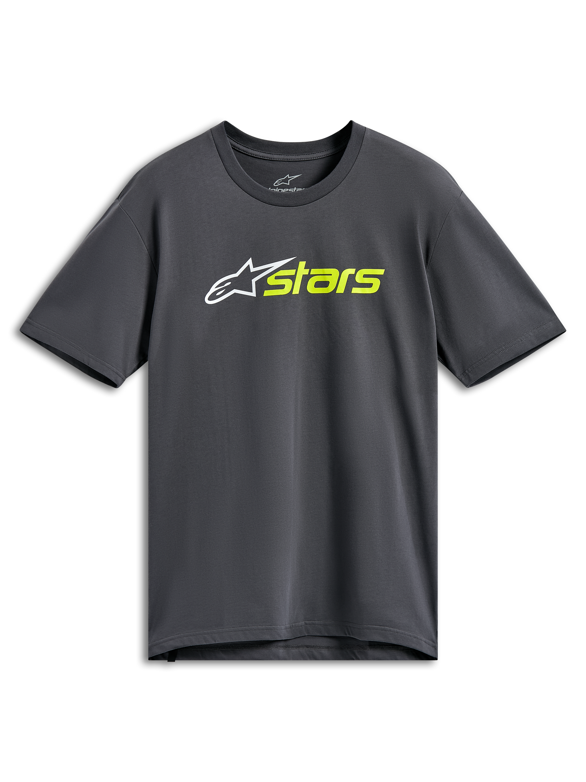 Alpinestars Blaze 2.0 CSF Tee, kortærmet T-shirt, koksgrå, hvidt stjernelogo med hi-vis gul 'stars'-tekst, afslappet motorsport streetwear