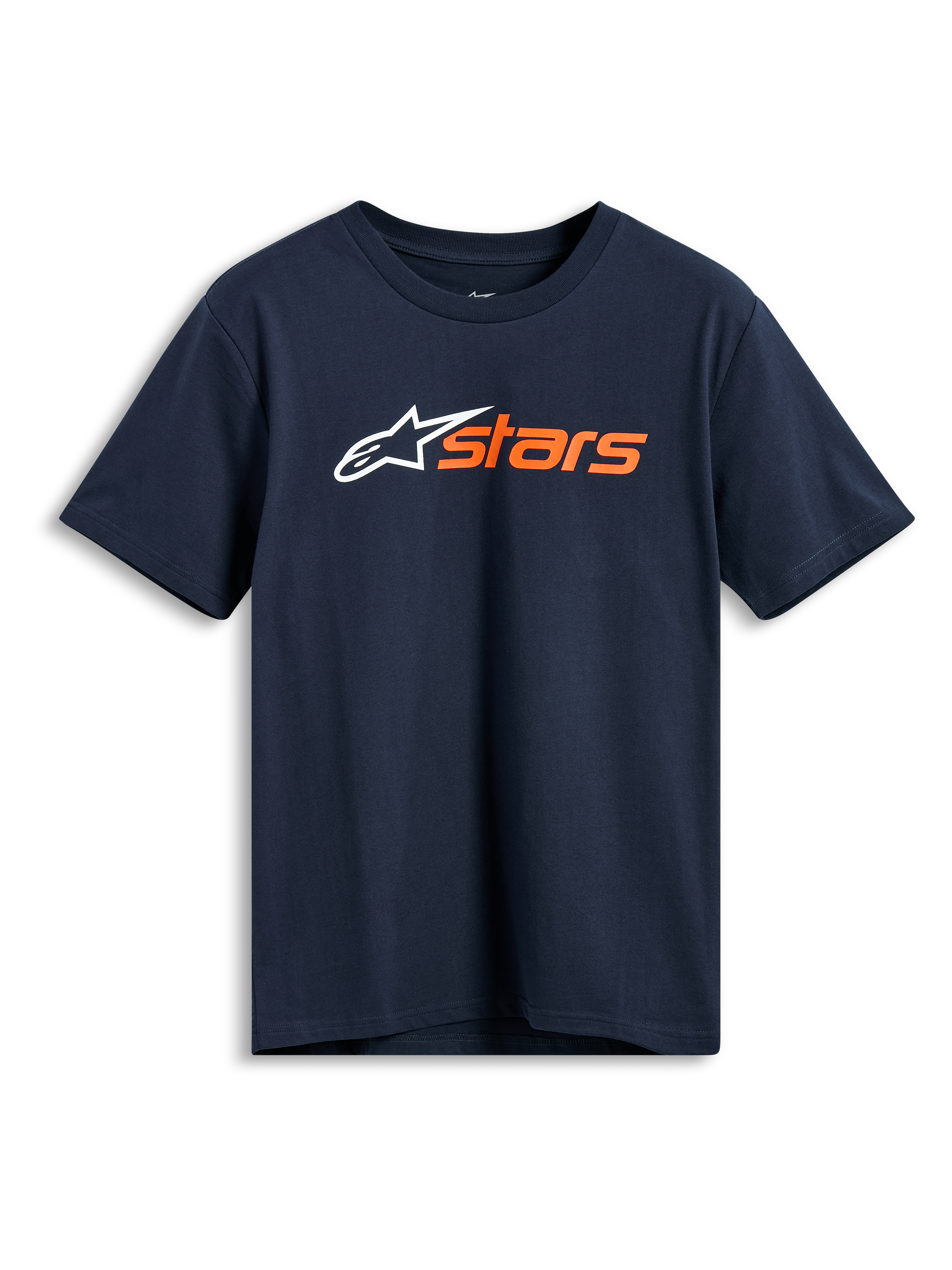 Alpinestars Blaze 2.0 CSF Tee, Short Sleeve T-Shirt, Navy Blue, White Alpinestars logo and orange 'stars' graphic on the chest, Casual Motorsport Sportswear