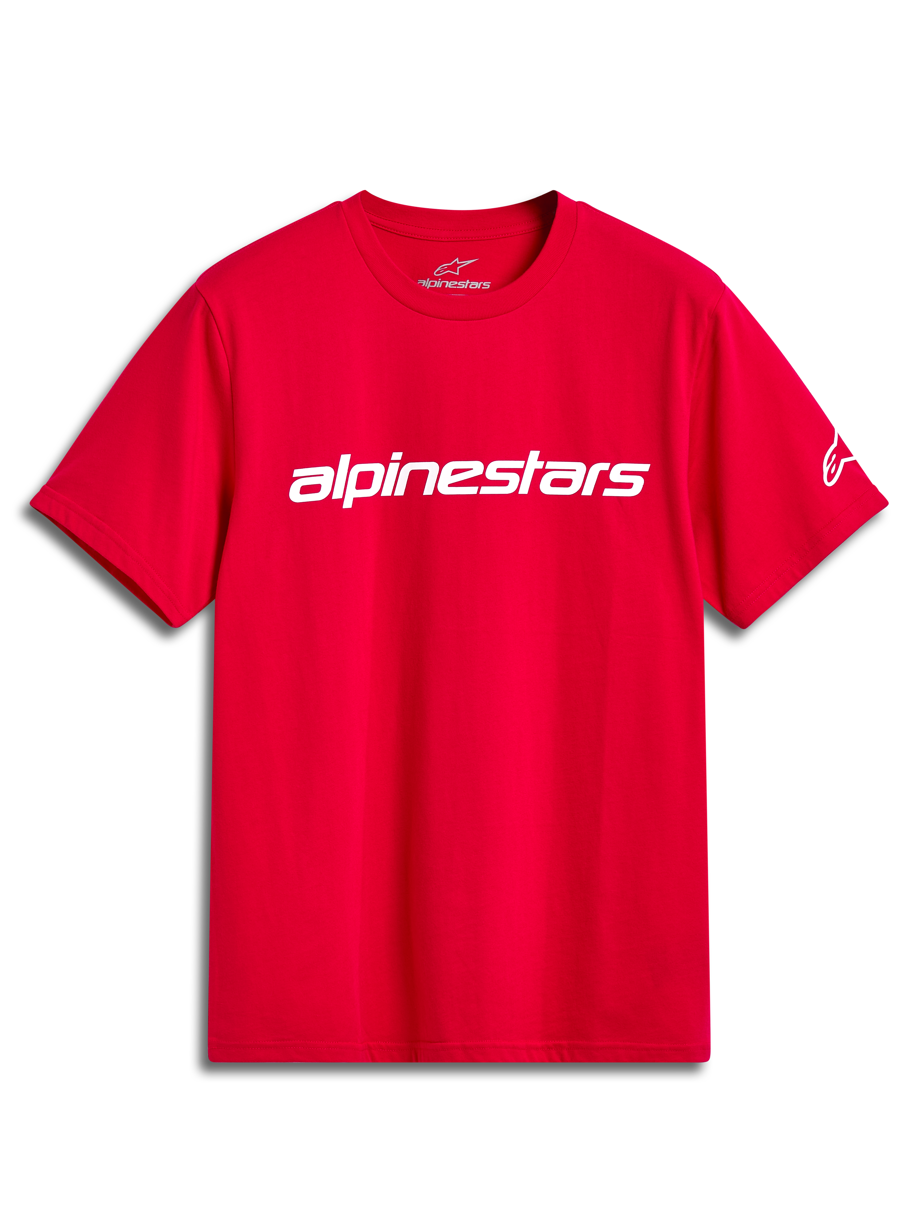 Alpinestars Linear Wordmark 2.0 CSF Tee, rød kortærmet t-shirt med hvidt brystlogo, afslappet motorsport sportstøj