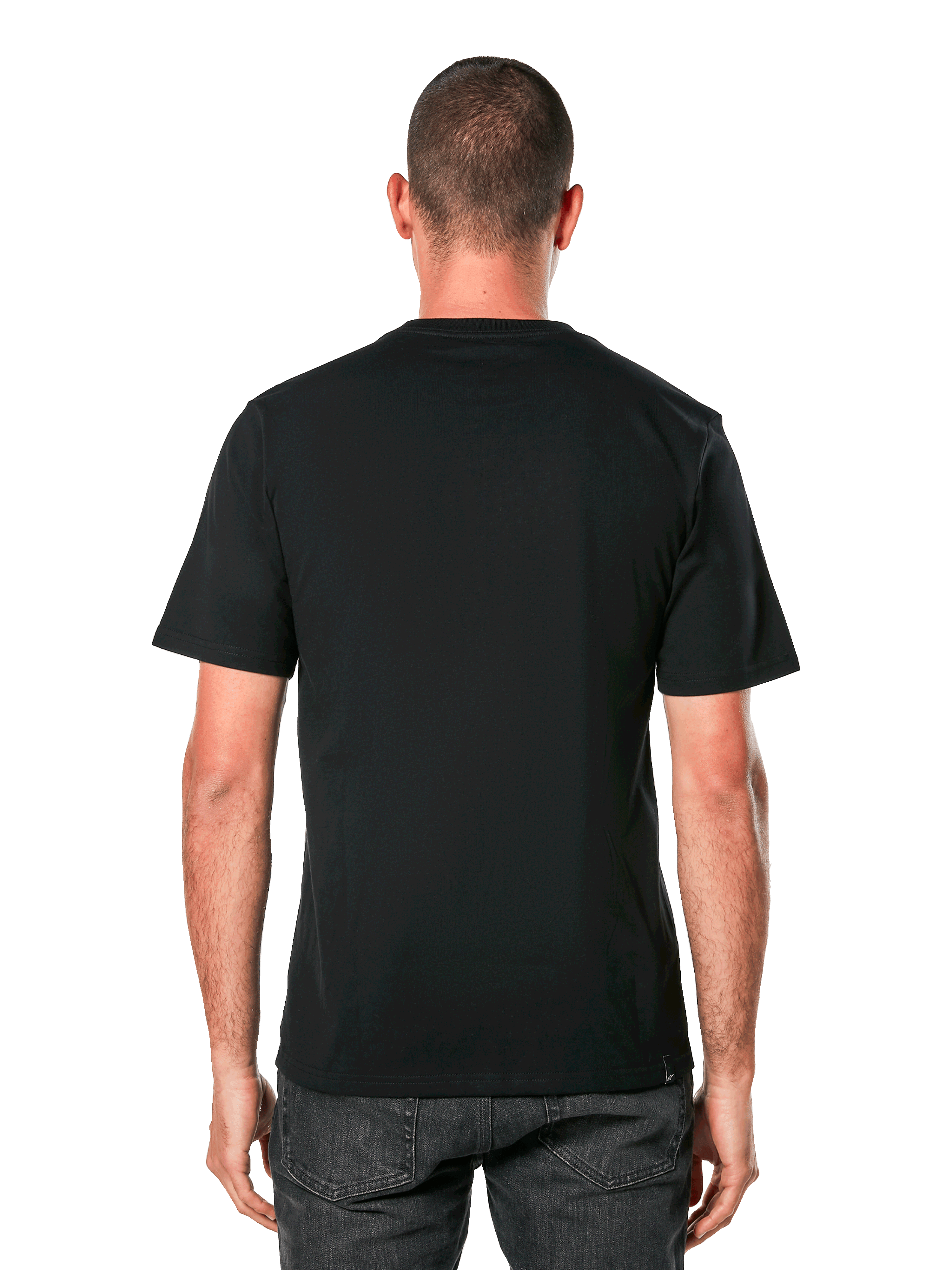 Alpinestars Ride 4.0 CSF Tee, back view, black short sleeve t-shirt, casual motorsport-inspired sportswear, worn by man with dark jeans