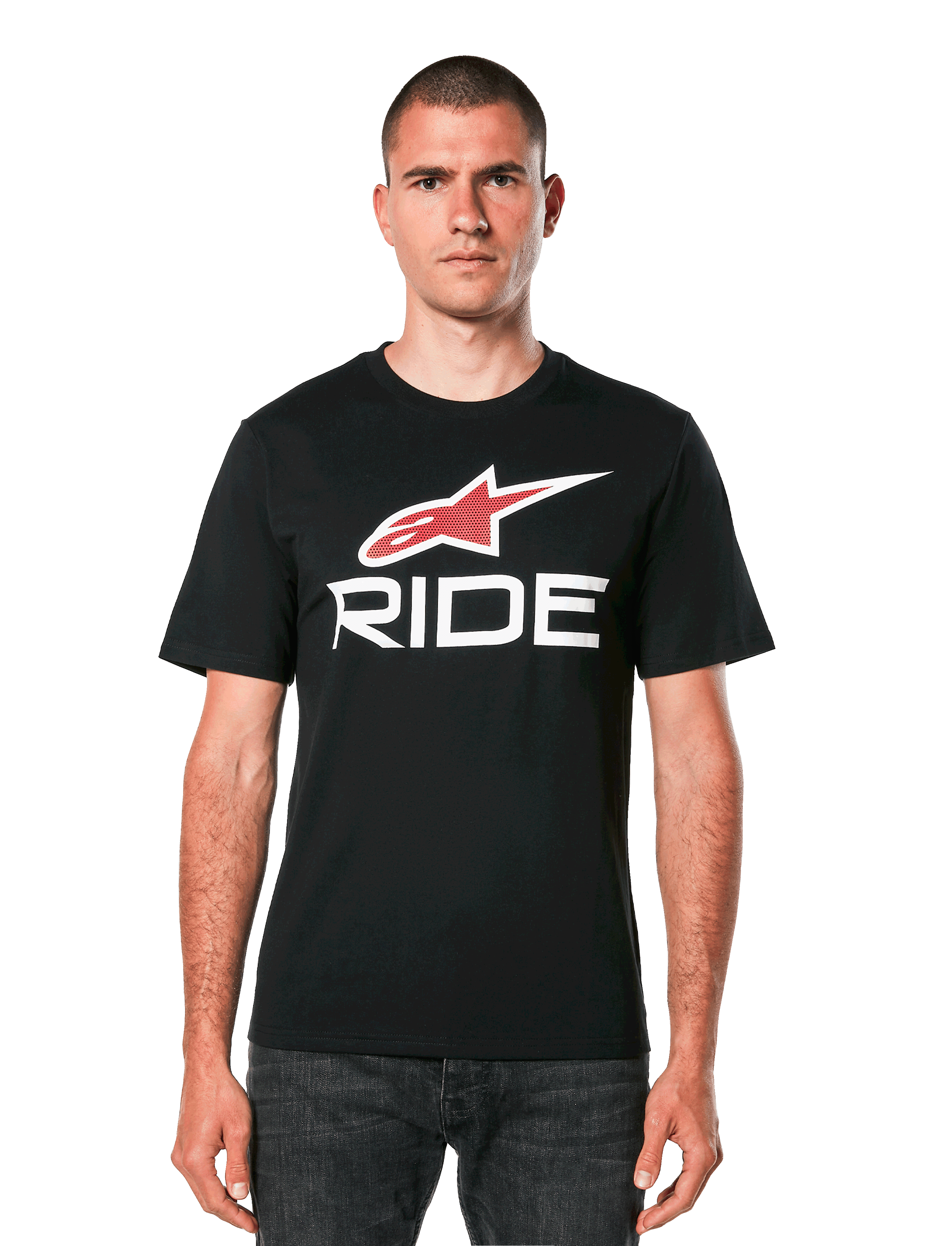 Alpinestars Ride 4.0 CSF Tee, sort kortærmet t-shirt med rødt stjernelogo og hvid RIDE-tekstgrafik, casual motorsportbeklædning til mænd