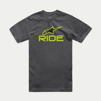 Alpinestars Ride 4.0 CSF Tee, Short Sleeve T-Shirt, Charcoal, Lime Green and Black Astars Logo with RIDE Text, Casual Motorsport Sportswear