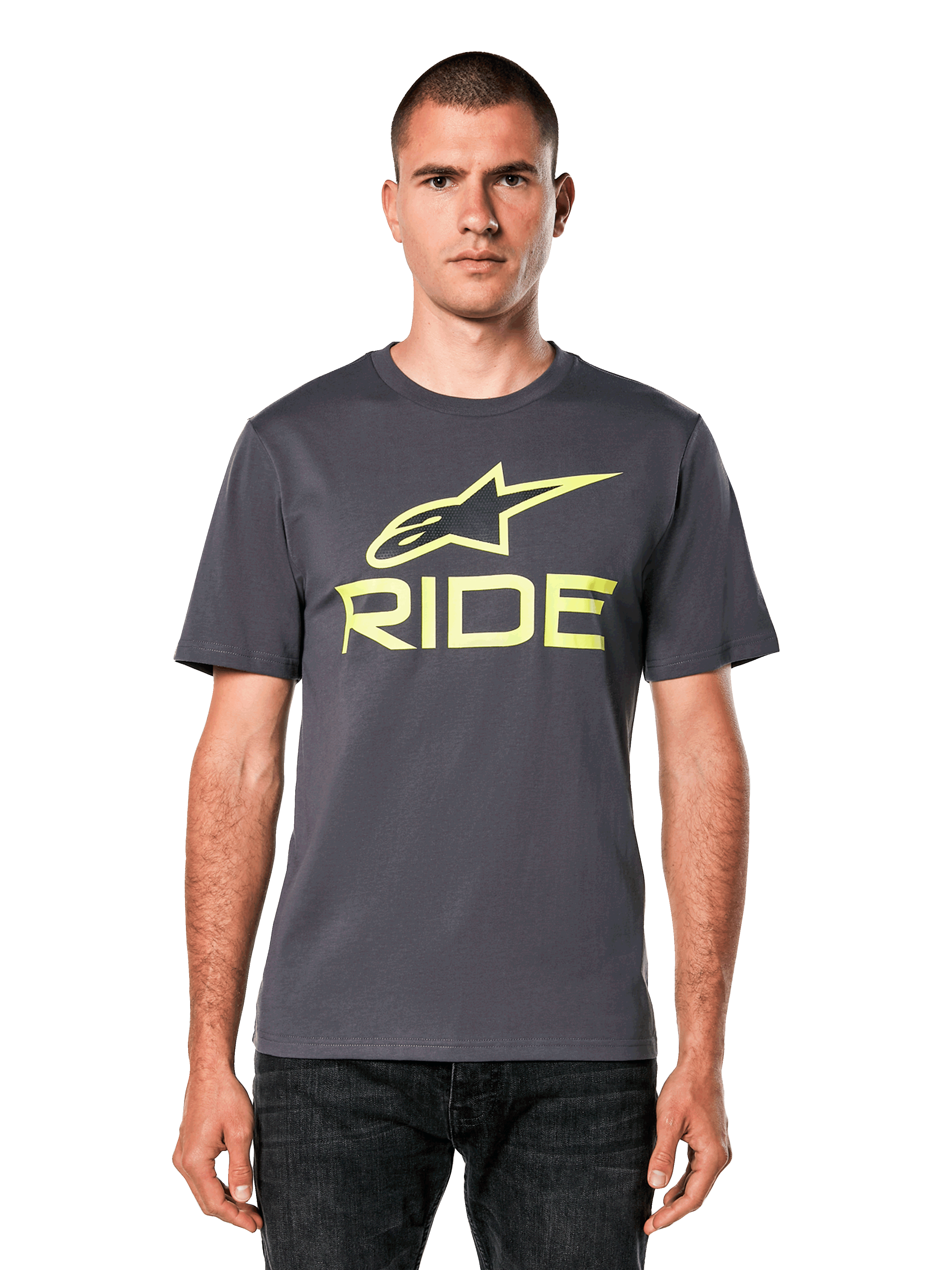 Alpinestars Ride 4.0 CSF Tee, Short Sleeve T-Shirt, Charcoal with Lime Yellow Astars and Ride logo, casual motorsport streetwear, worn by a model with dark jeans against a white background