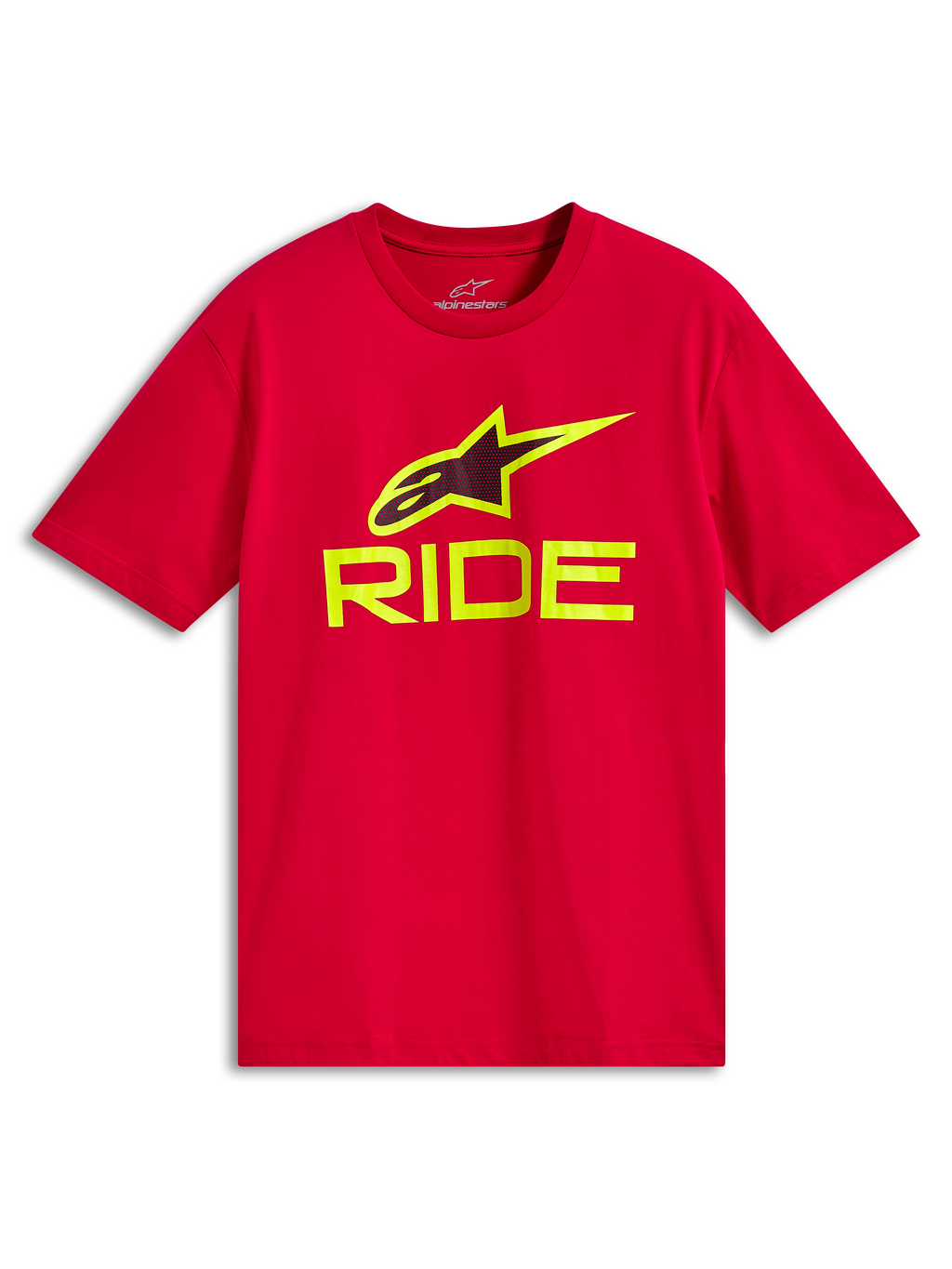 Alpinestars Ride 4.0 CSF Tee, kortærmet t-shirt, rød, neon gul RIDE-tekst og A-star logo, afslappet motorsport-sportstøj
