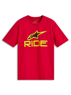 Alpinestars Ride 4.0 CSF Tee, kortærmet t-shirt, rød, neon gul RIDE-tekst og A-star logo, afslappet motorsport-sportstøj