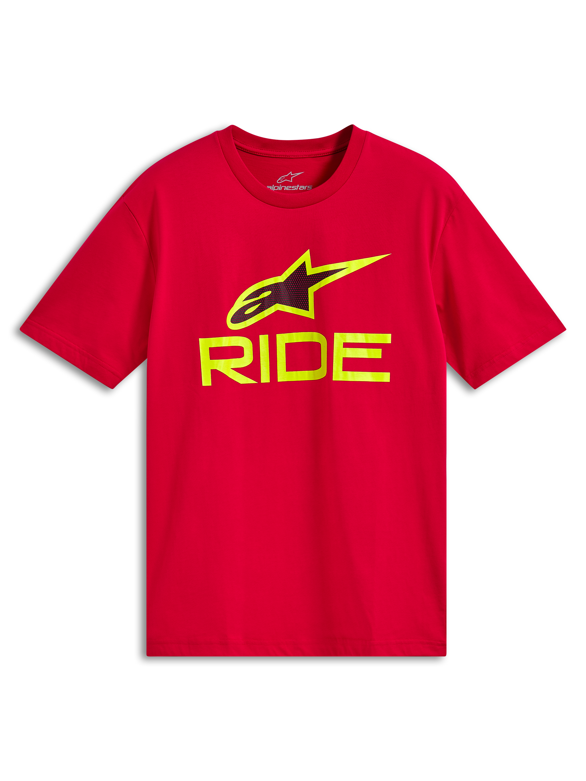 Alpinestars Ride 4.0 CSF Tee, Short Sleeve T-Shirt, Red, Hi-Vis Yellow RIDE text and A-star logo, Casual Motorsport Sportswear