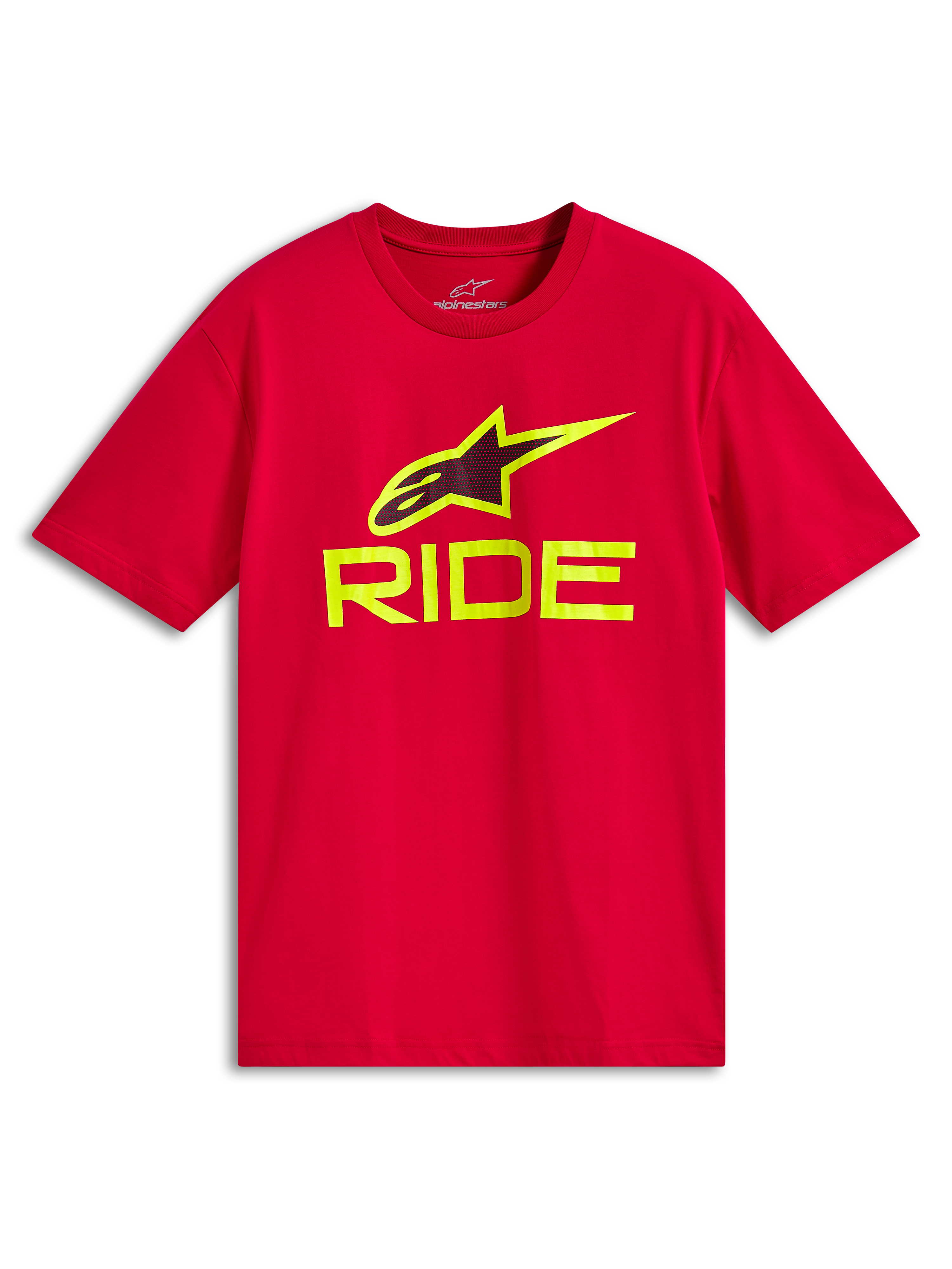 Alpinestars Ride 4.0 CSF Tee, kortærmet t-shirt, rød, neon gul RIDE-tekst og A-star logo, afslappet motorsport-sportstøj