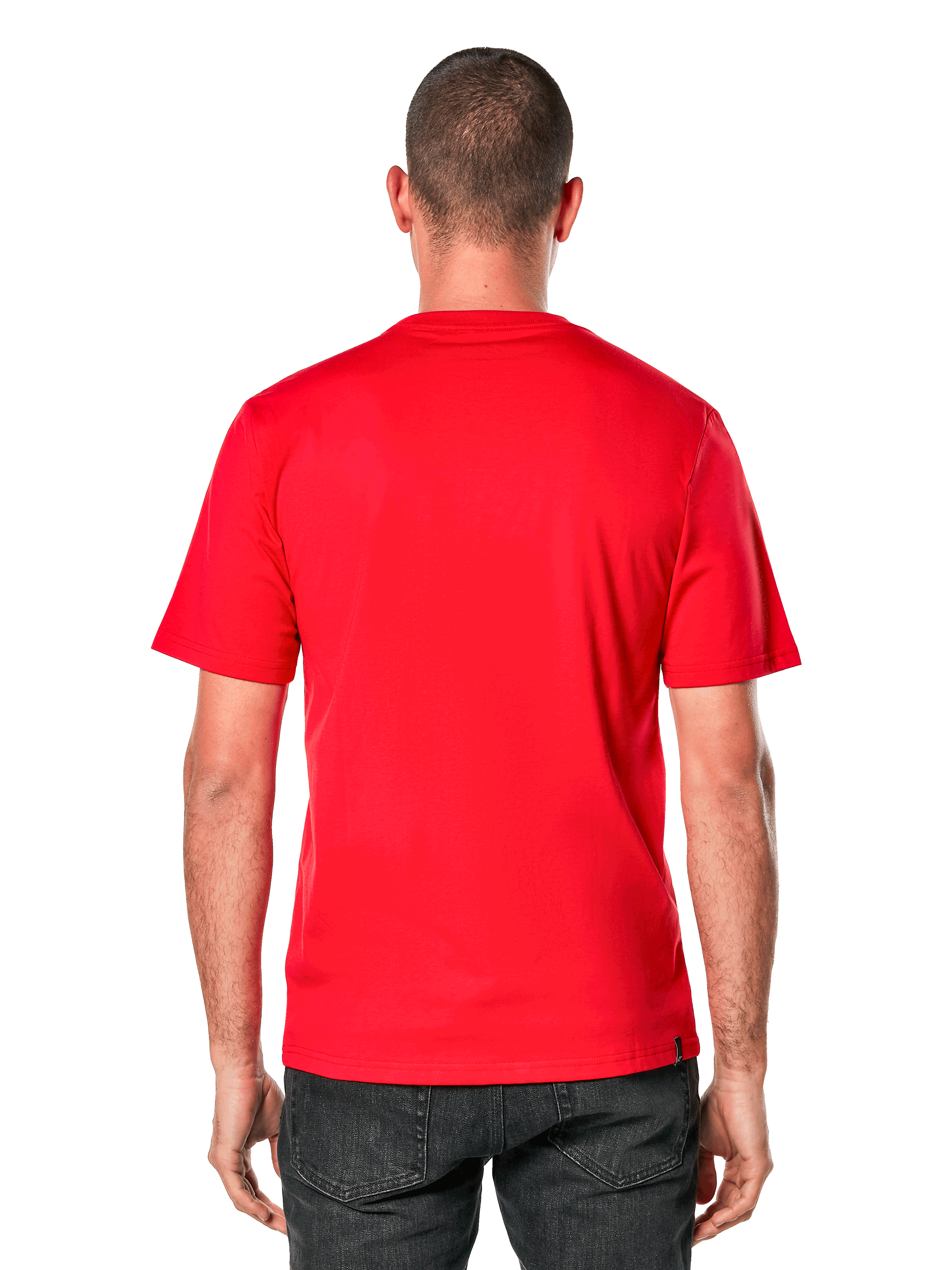 Alpinestars Ride 4.0 CSF Tee, Short Sleeve T-Shirt, Red, back view on model, bright red fabric with a small black brand tag at the hem, casual motorsport streetwear