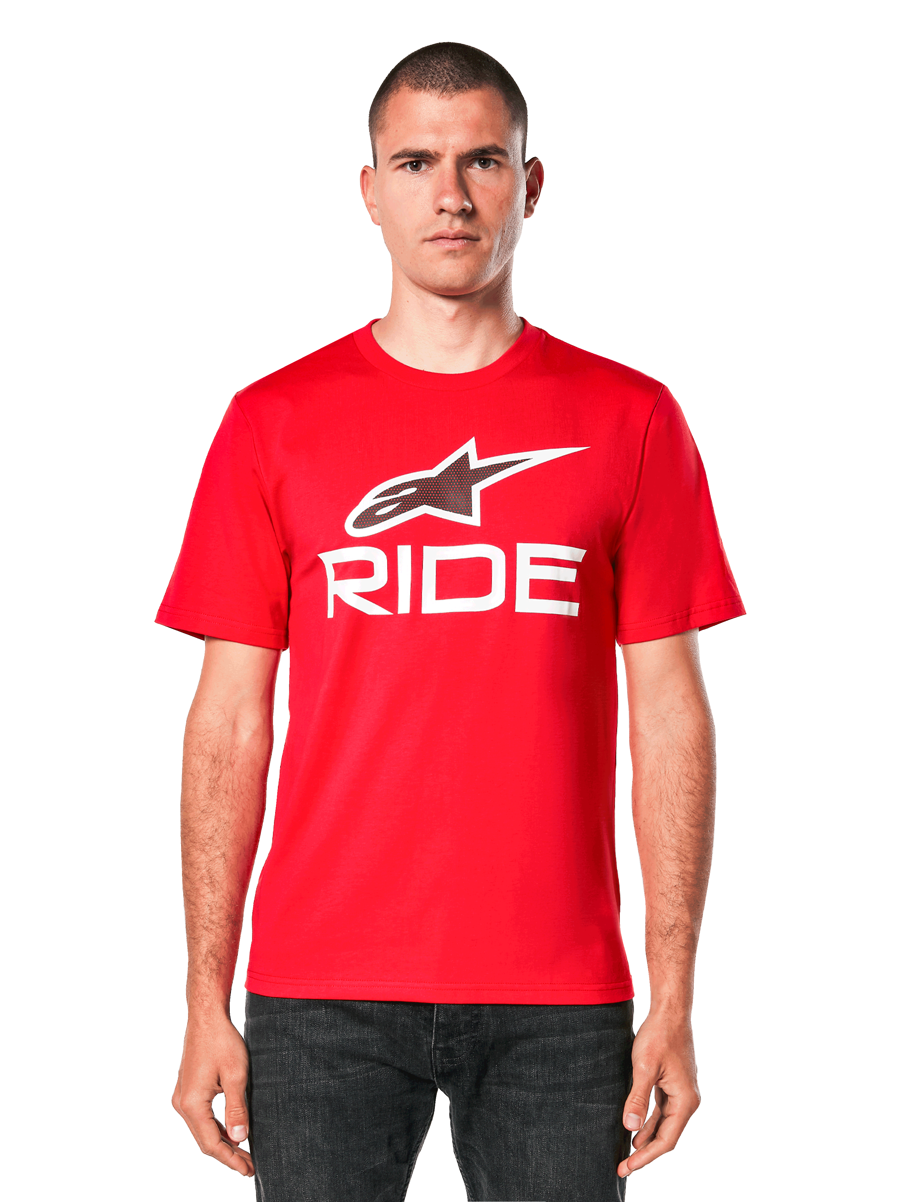 Alpinestars Ride 4.0 CSF Tee, Red short-sleeve t-shirt, white Alpinestars star logo and "RIDE" graphic on chest, front view on model, casual motorsport apparel