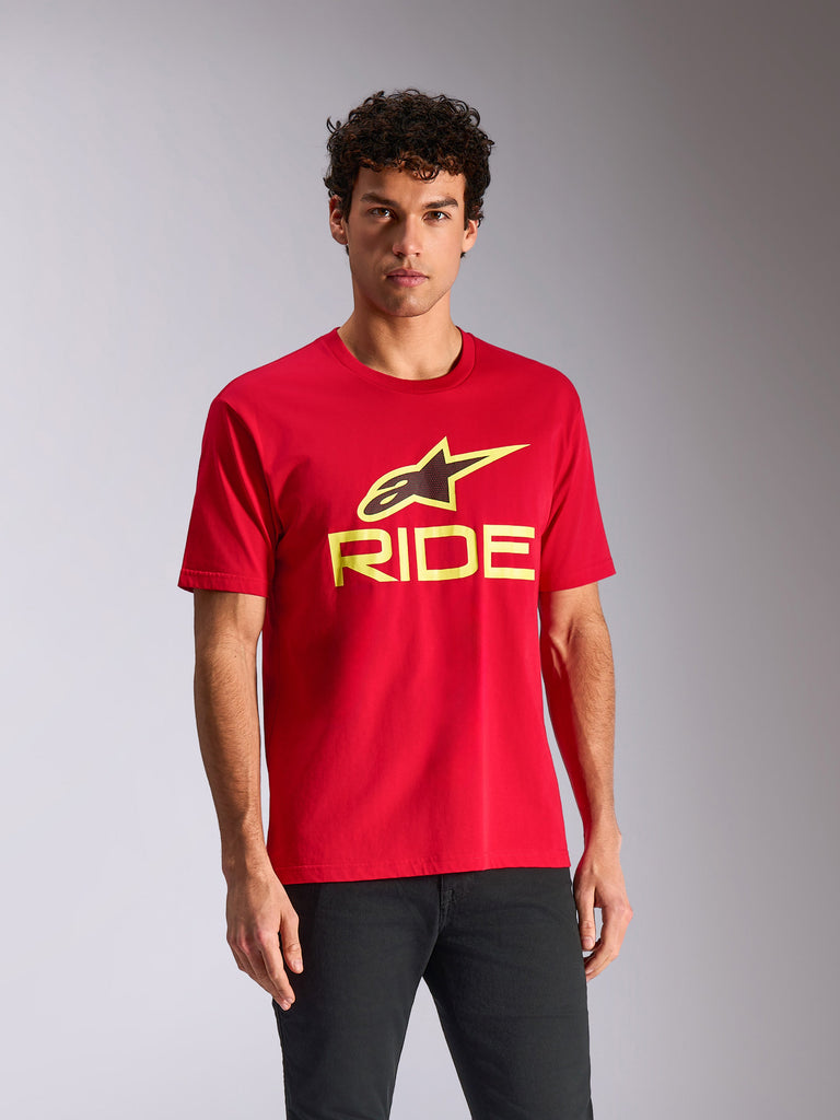 Alpinestars Ride 4.0 CSF Tee, Short Sleeve T-Shirt, Red, Hi-Vis Yellow and Black Ride Logo, Casual Motorsport Streetwear