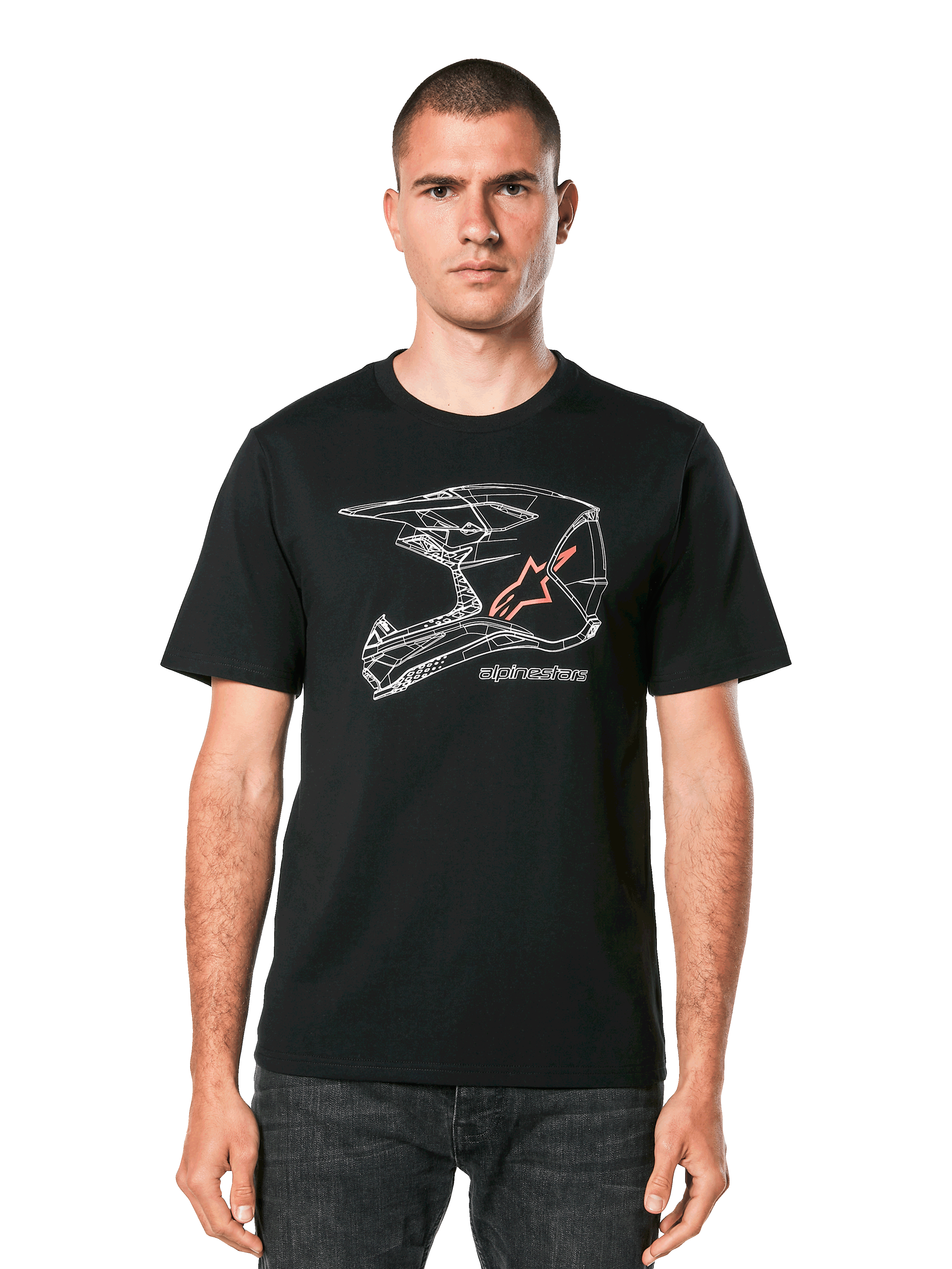 Alpinestars MX Helmet CSF Tee, Short Sleeve T-Shirt, Black, White geometric motocross helmet graphic with orange star logo, casual motorsport streetwear