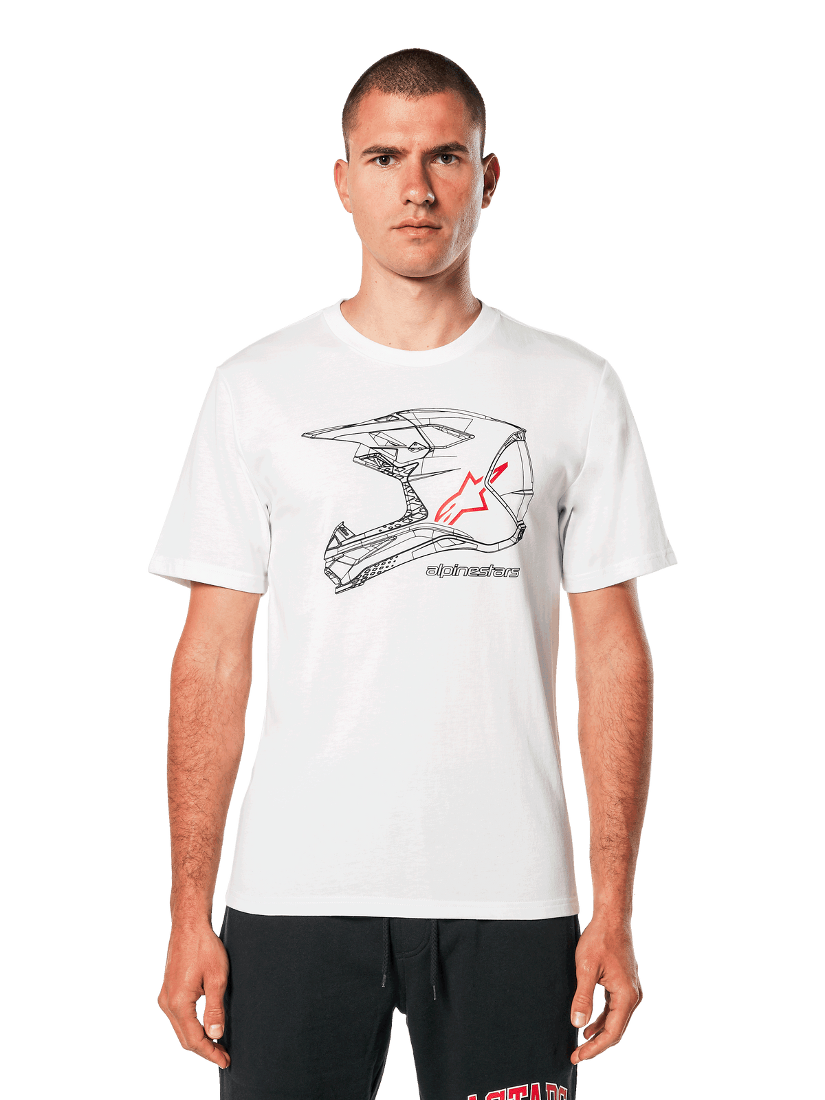 Alpinestars MX Helmet CSF Tee, hvid kortærmet T-shirt, sort wireframe motocross-hjelm-grafik med rød stjerne-logo, casual motorsport-inspireret streetwear, båret af en model