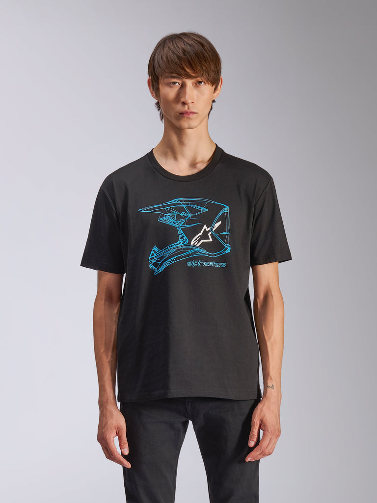 Alpinestars CSF Tee, Short Sleeve T-Shirt, Black, Blue Motocross Helmet Graphic featuring white Astars logo, casual motorsport-inspired streetwear worn by model